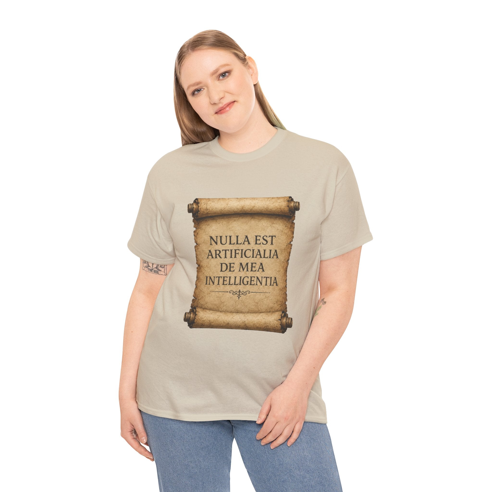 Latin Philosophy T Shirt – Nulla Est Artificialia De Mea Intelligentia Vintage Scroll Graphic Tee