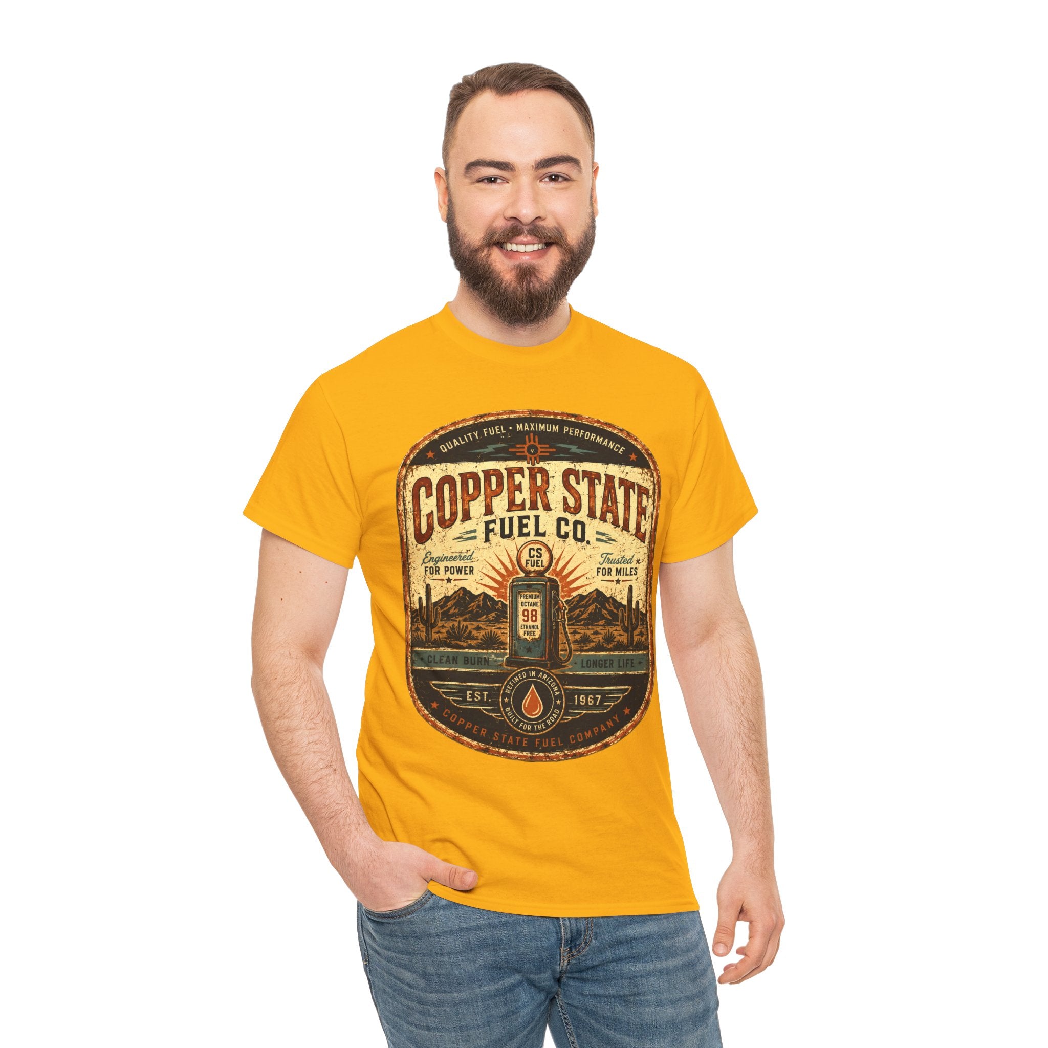 Copper State Fuel Co Vintage Gas Station T-Shirt – Retro Automotive Garage Graphic Tee for Car Enthusiasts