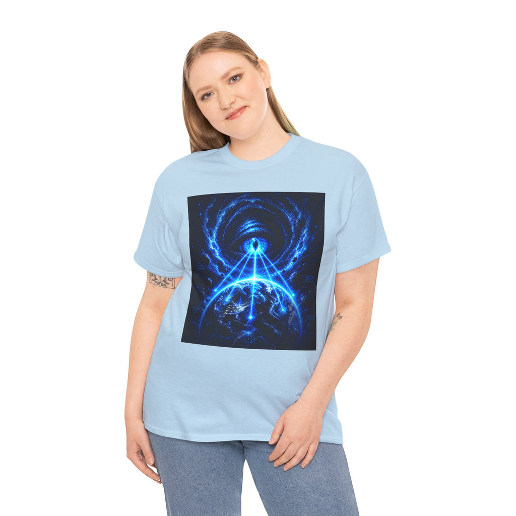 Sci Fi Cosmic Alien Scanning Eye T Shirt – Electric Blue Arcane Symbol Graphic Tee