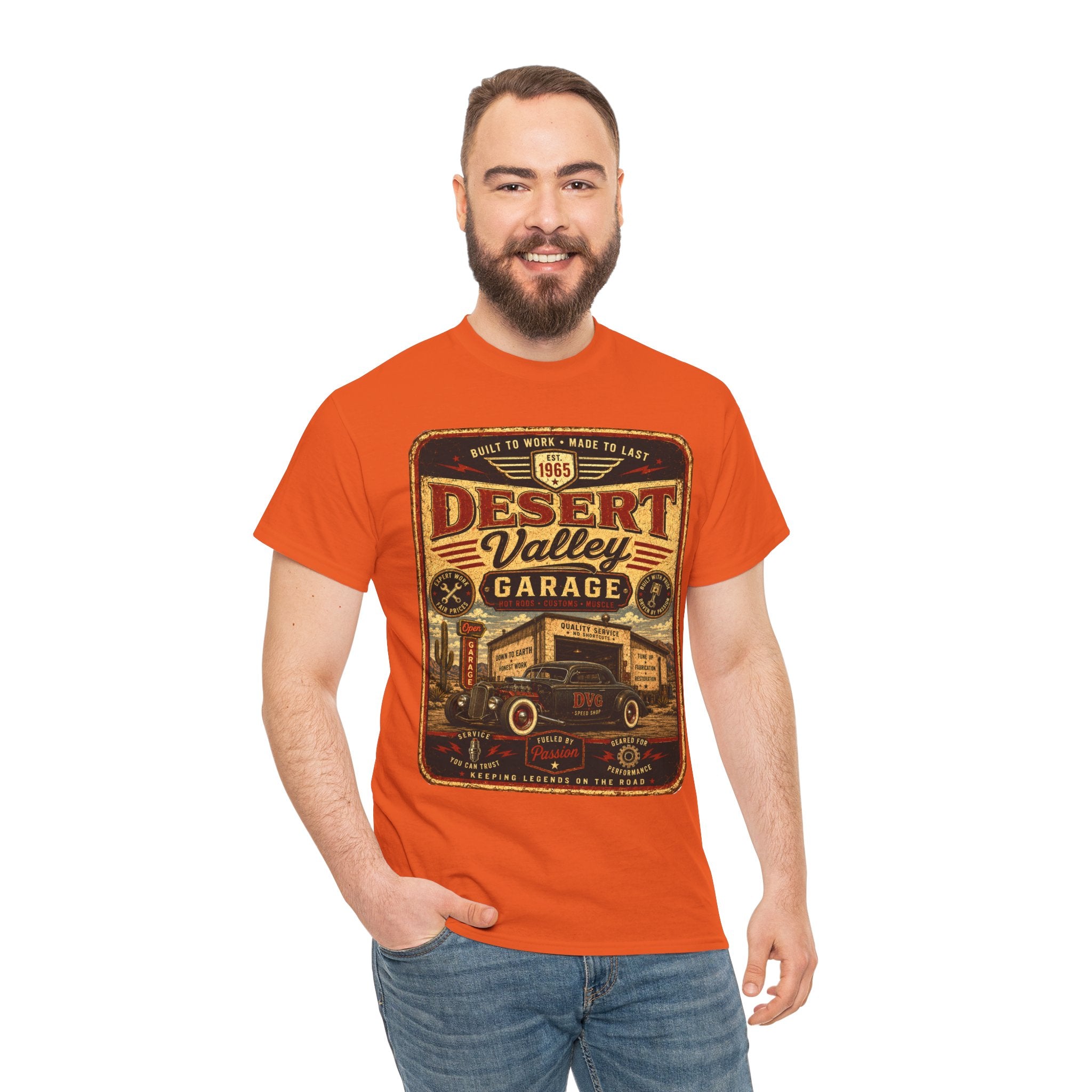 Desert Valley Garage Vintage Car T Shirt – Retro Hot Rod Garage Graphic Tee for Car Lovers