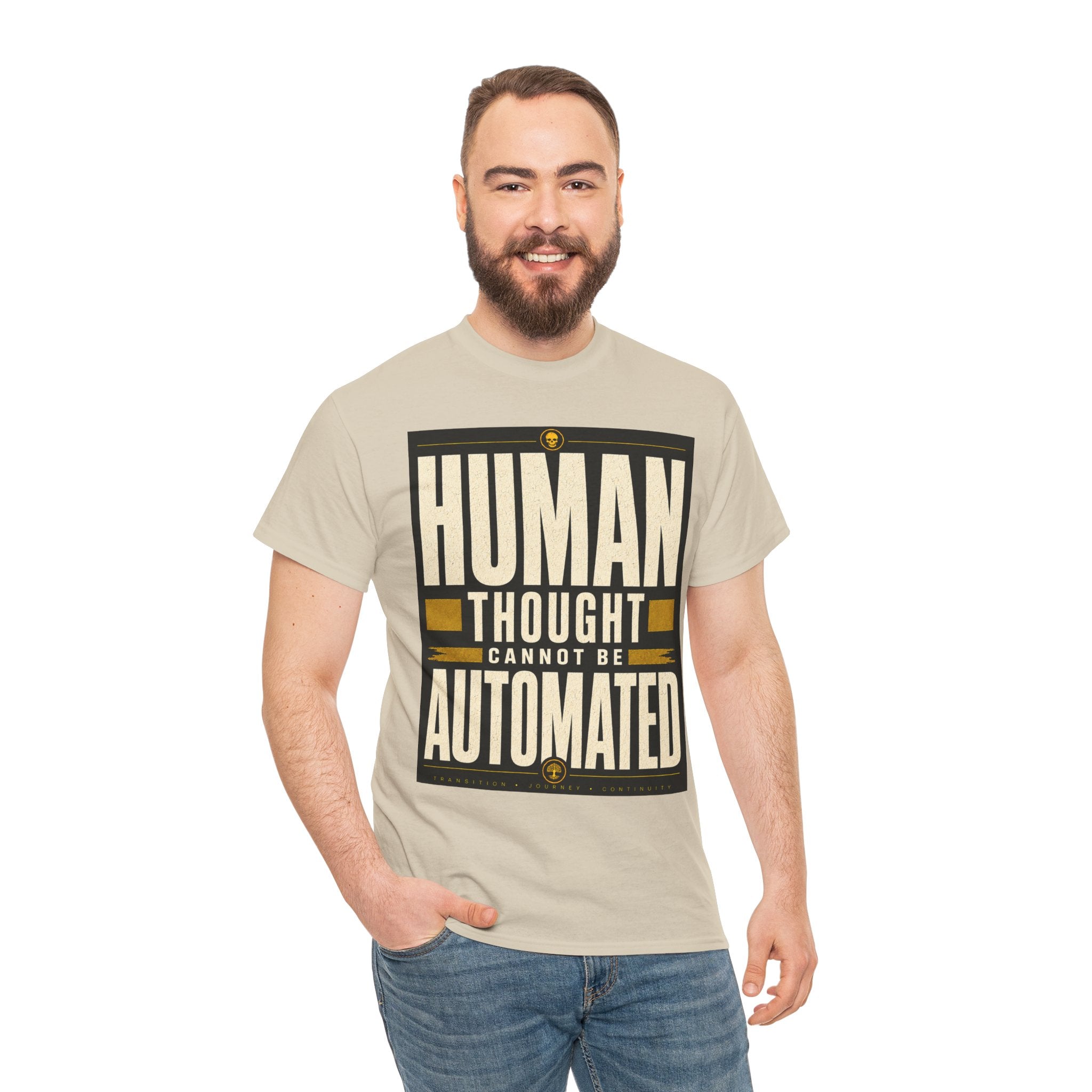 Human Thought Cannot Be Automated T Shirt – Retro AI Philosophy Quote Graphic Tee