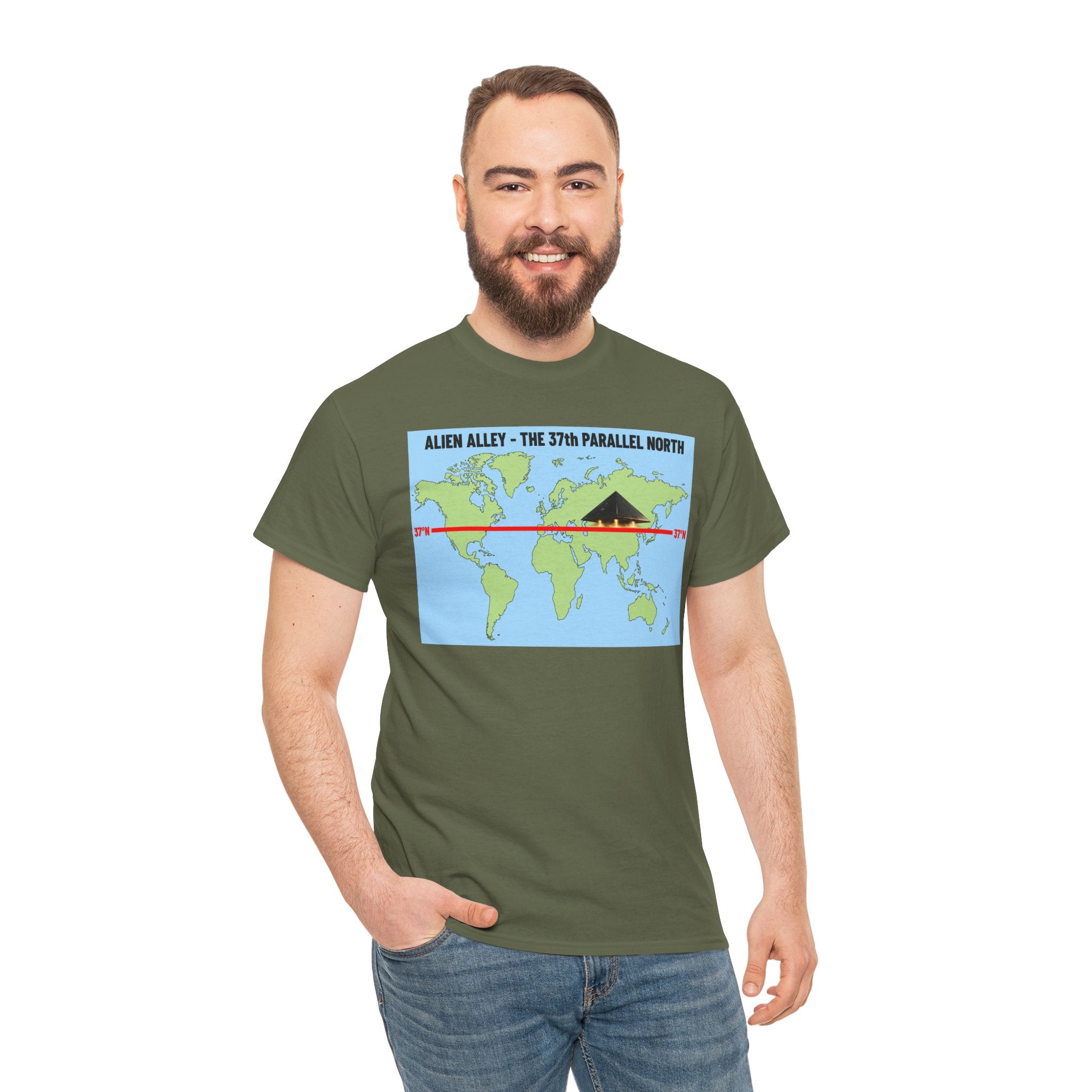 Alien Alley 37th Parallel North T-Shirt – Ancient Aliens UFO World Map Graphic Tee