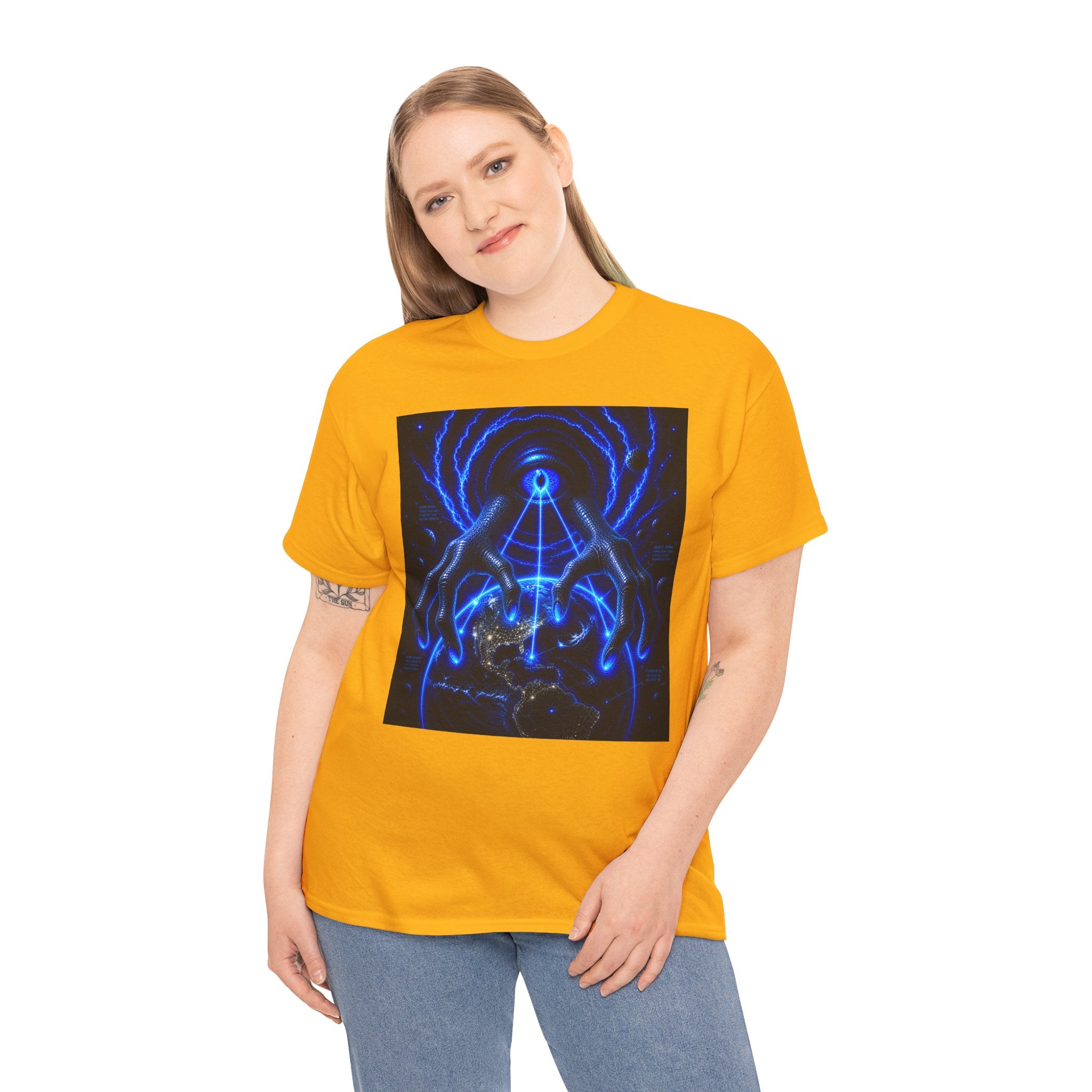 Sci Fi Cosmic Alien Grab T Shirt – Neon Blue Mystic Eye Graphic Tee