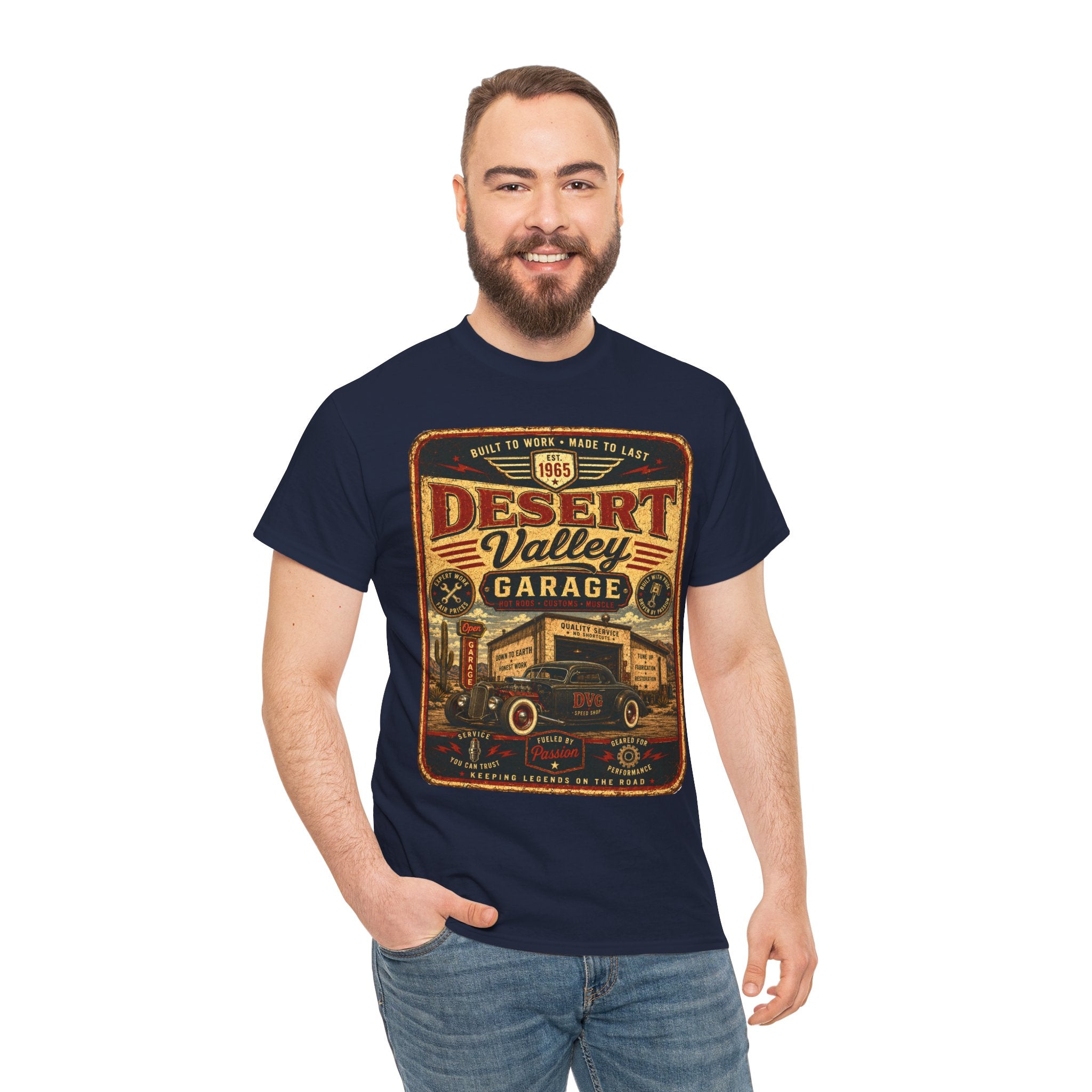 Desert Valley Garage Vintage Car T Shirt – Retro Hot Rod Garage Graphic Tee for Car Lovers