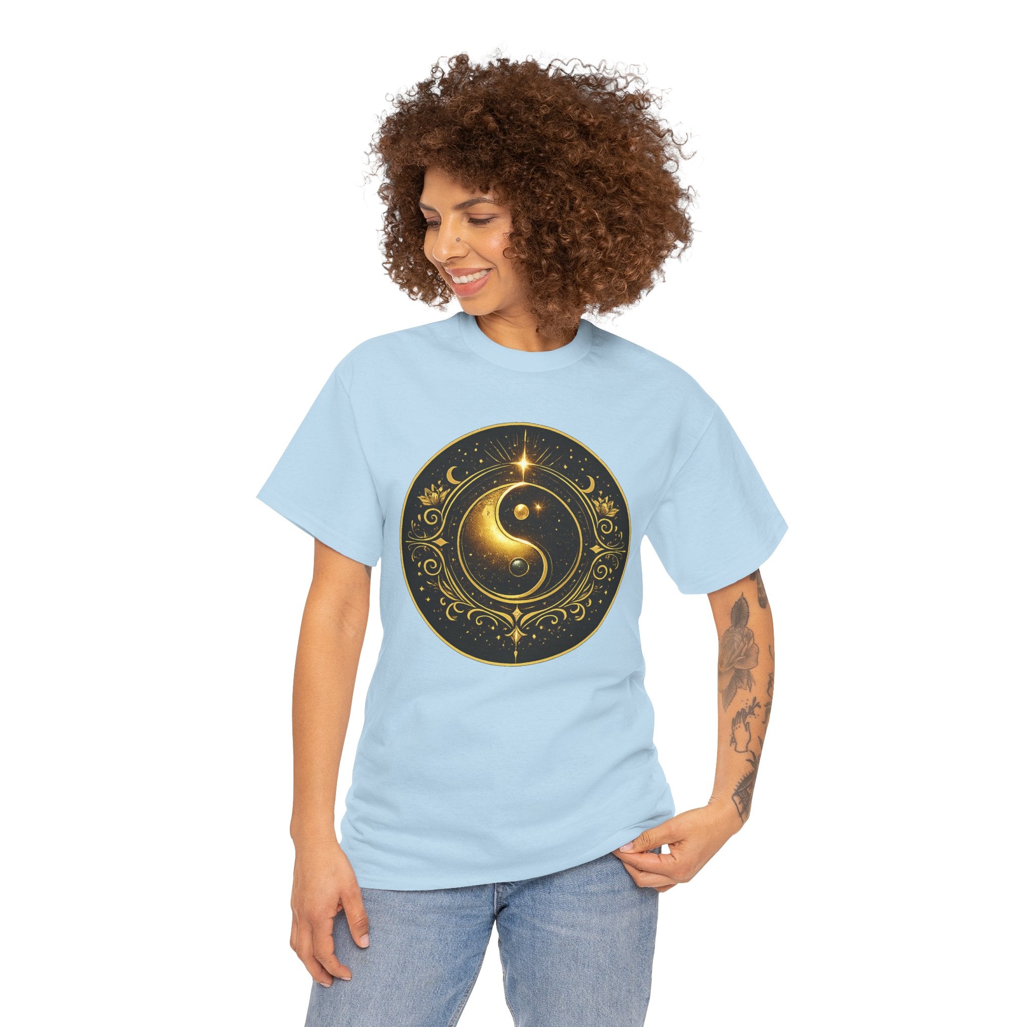 Balance & Harmony Yin Yang Illustration T-Shirt – Celestial Sacred Symbol Graphic Tee
