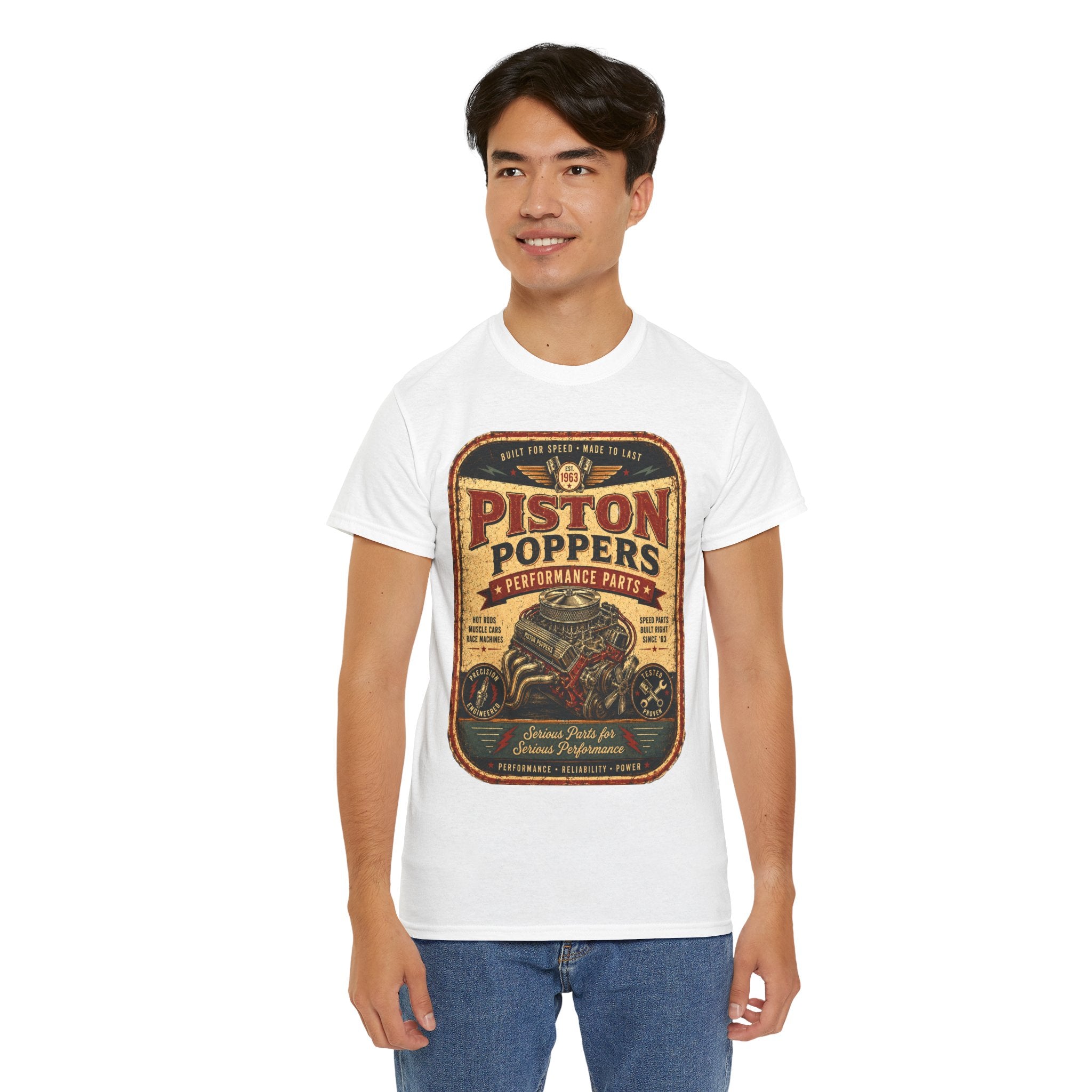 Piston Poppers Vintage Car T-Shirt – Retro Hot Rod Mechanic Graphic Tee for Car Enthusiasts