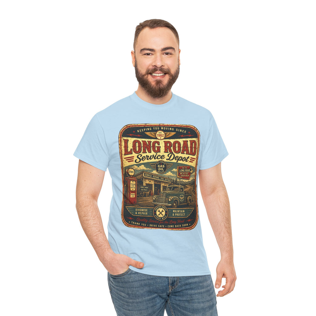 Long Road Service Depot Vintage Gas Station T Shirt – Retro Garage Graphic Tee for Car Lovers