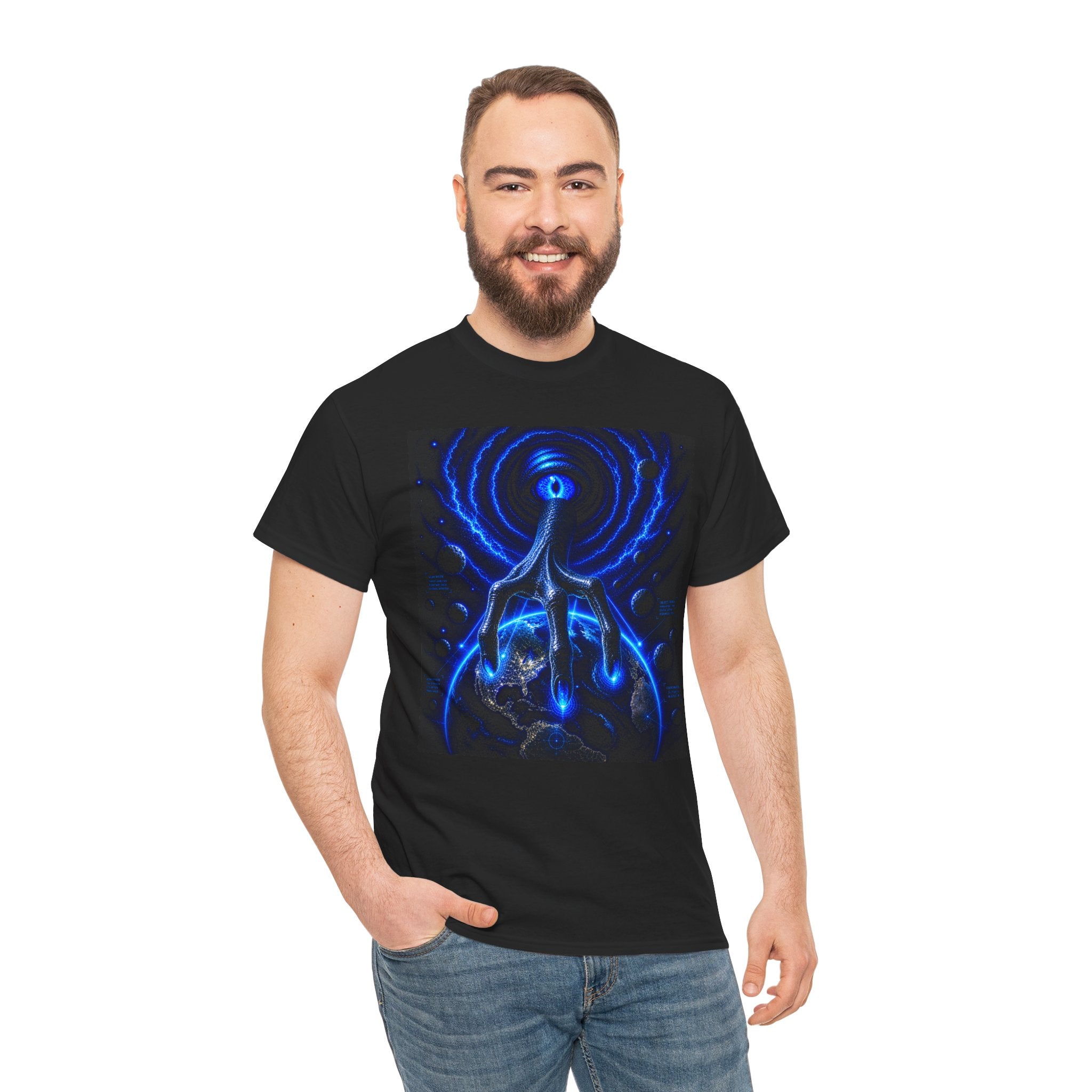 Sci Fi Cosmic Alien Hand T Shirt – Neon Blue Vision Graphic Tee