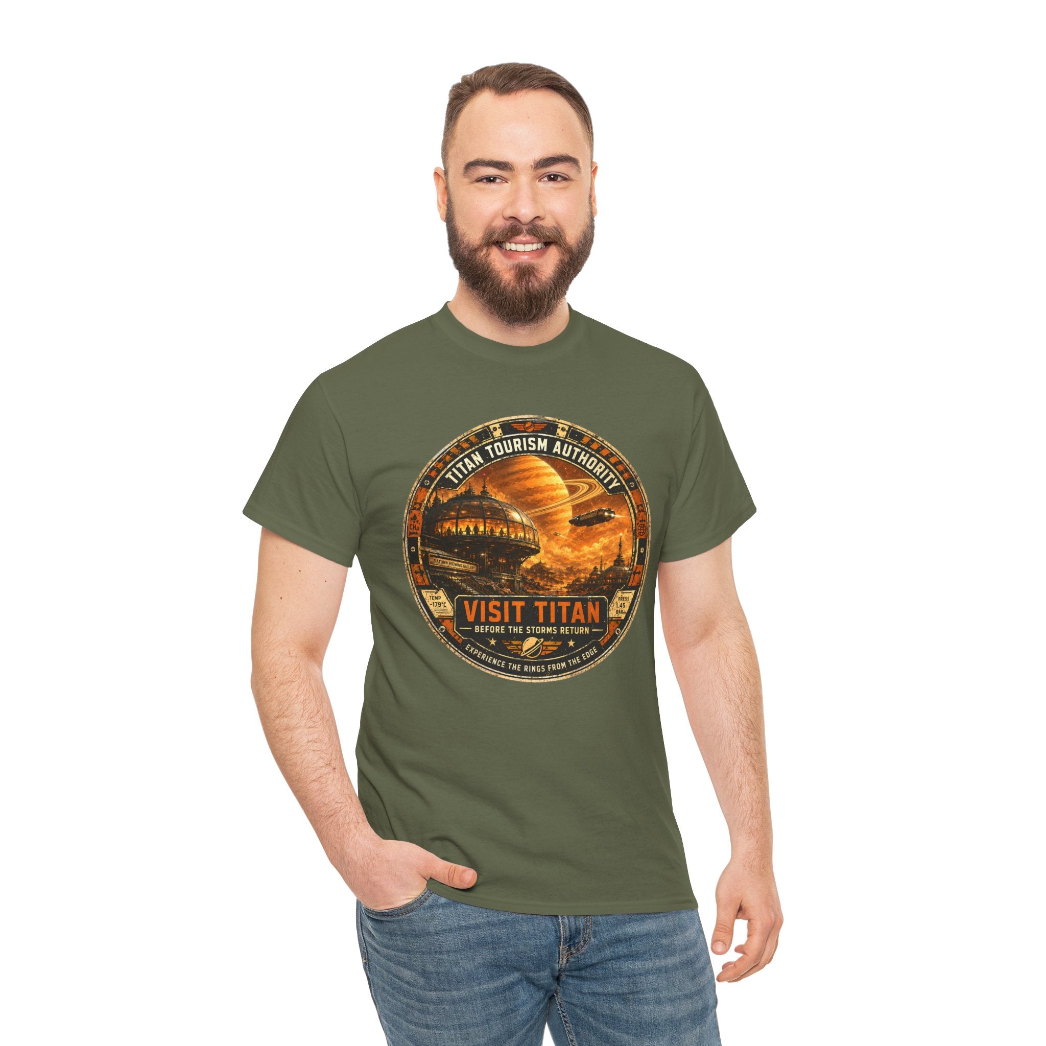 Visit Titan Vintage Space Travel T Shirt – Retro Sci Fi Graphic Tee