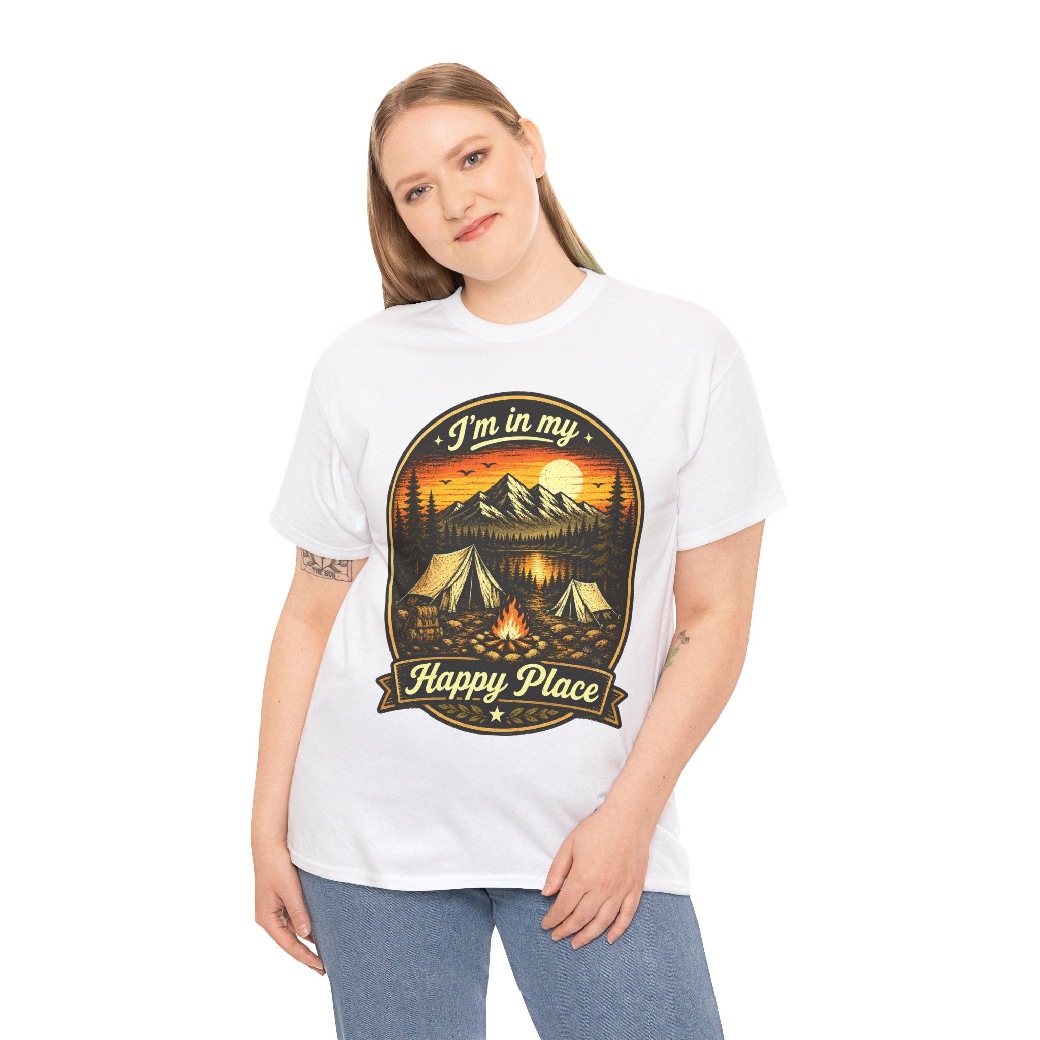I’m In My Happy Place Camping T Shirt – Vintage Campfire Graphic Tee for Hikers & Outdoor Lovers