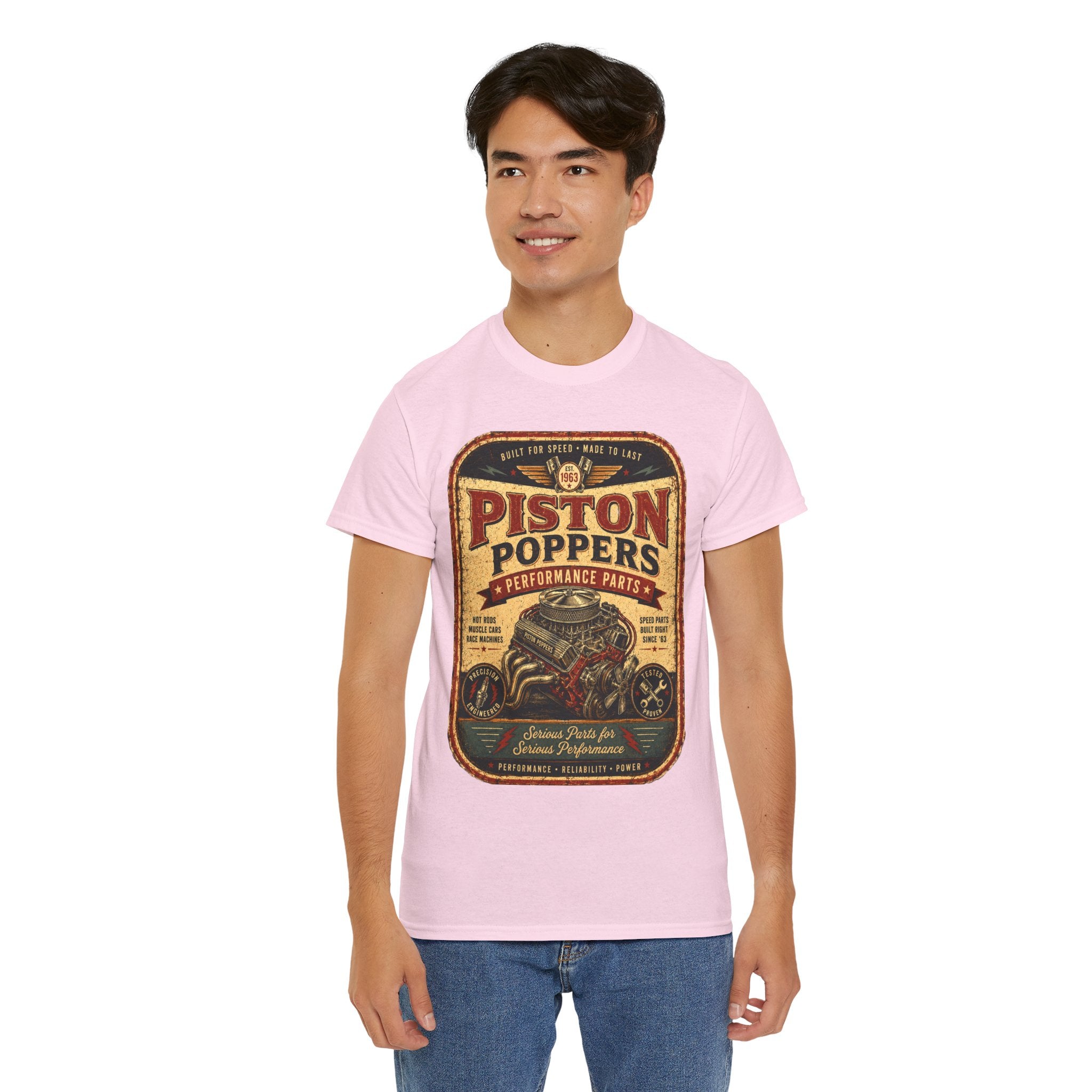 Piston Poppers Vintage Car T-Shirt – Retro Hot Rod Mechanic Graphic Tee for Car Enthusiasts