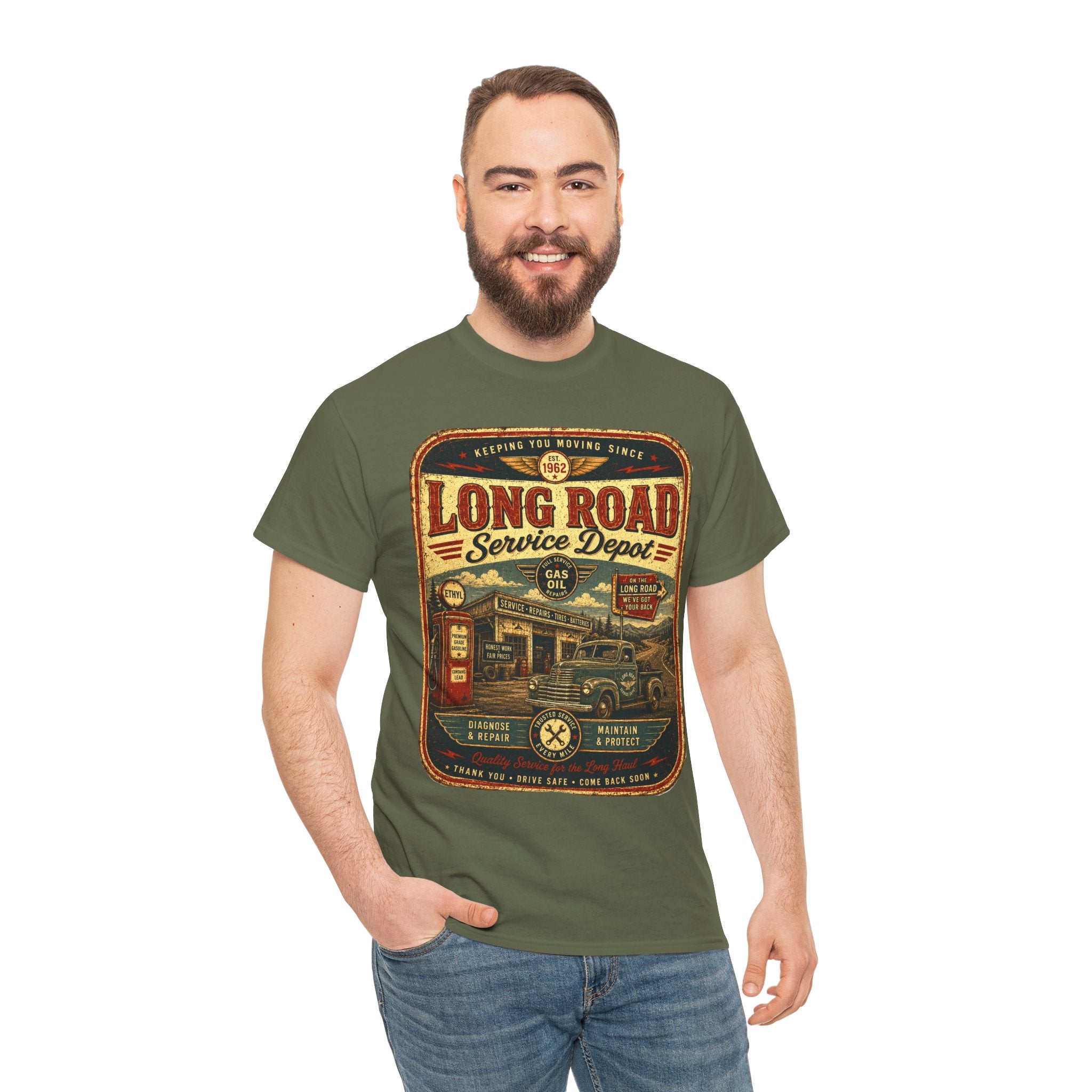Long Road Service Depot Vintage Gas Station T Shirt – Retro Garage Graphic Tee for Car Lovers