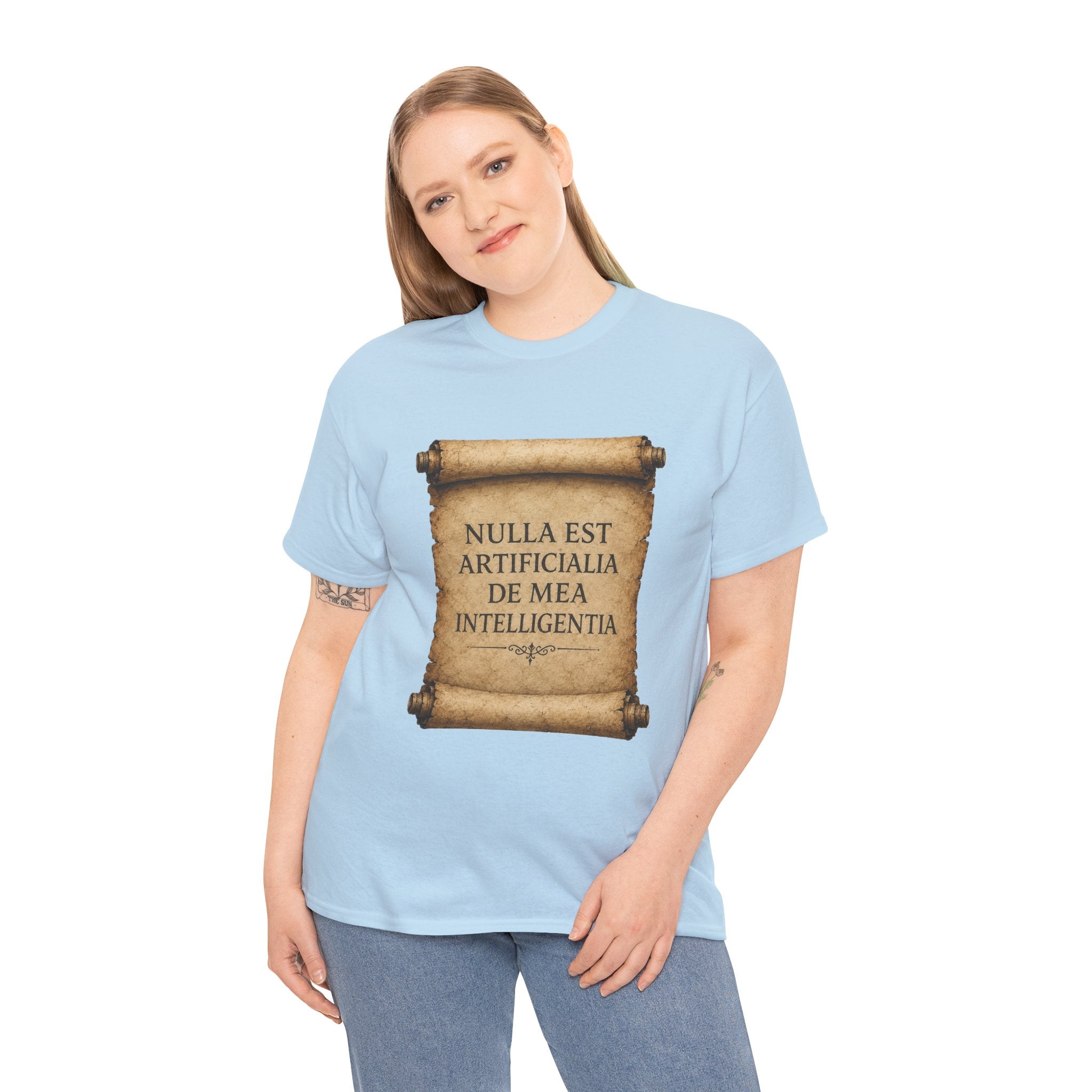 Latin Philosophy T Shirt – Nulla Est Artificialia De Mea Intelligentia Vintage Scroll Graphic Tee