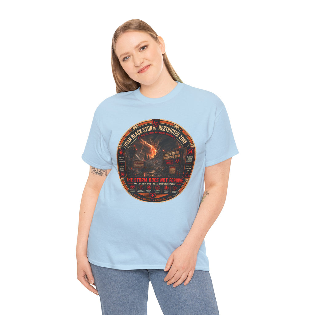Storm Shelter Retro Sci Fi Warning T Shirt – The Storm Does Not Forget Graphic Tee