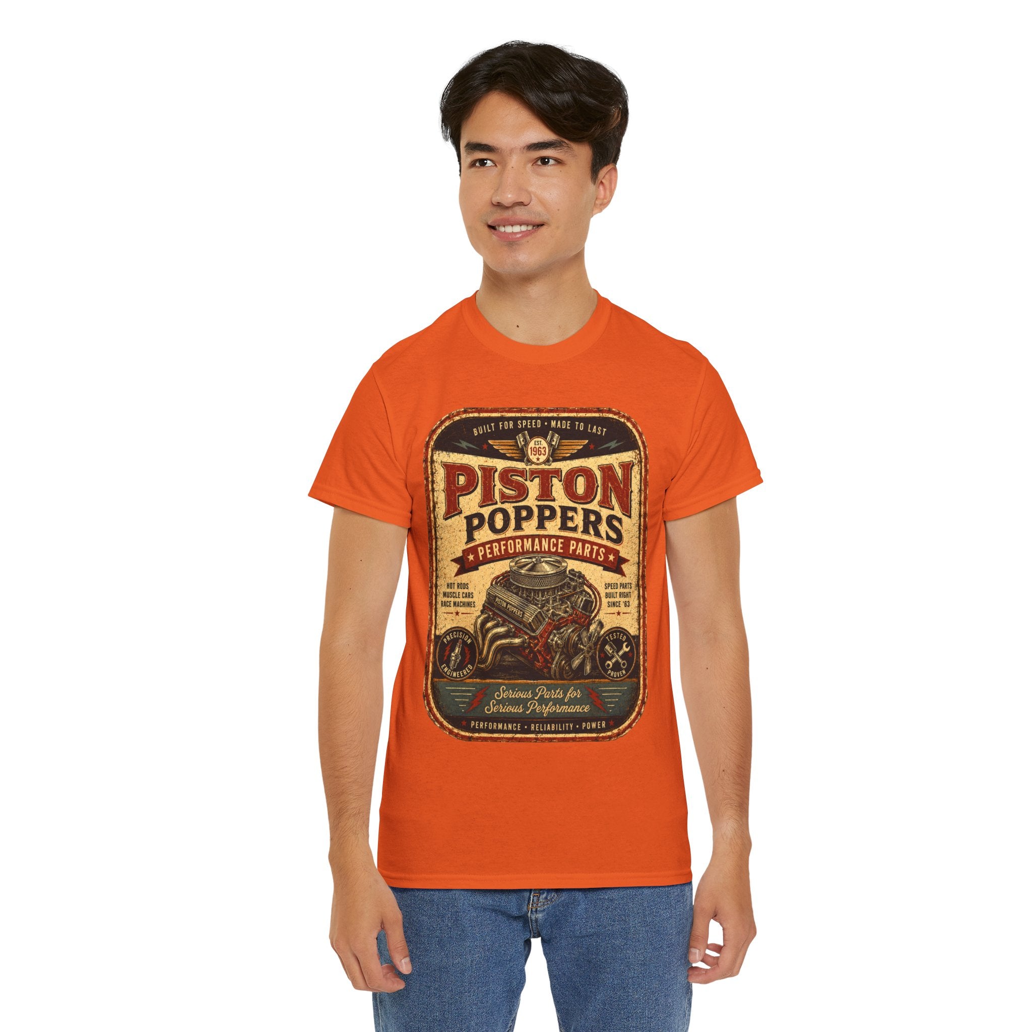 Piston Poppers Vintage Car T-Shirt – Retro Hot Rod Mechanic Graphic Tee for Car Enthusiasts