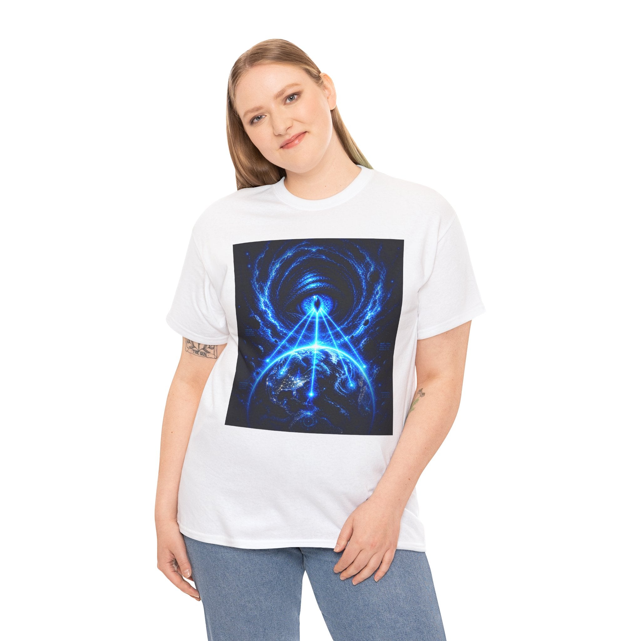 Sci Fi Cosmic Alien Scanning Eye T Shirt – Electric Blue Arcane Symbol Graphic Tee