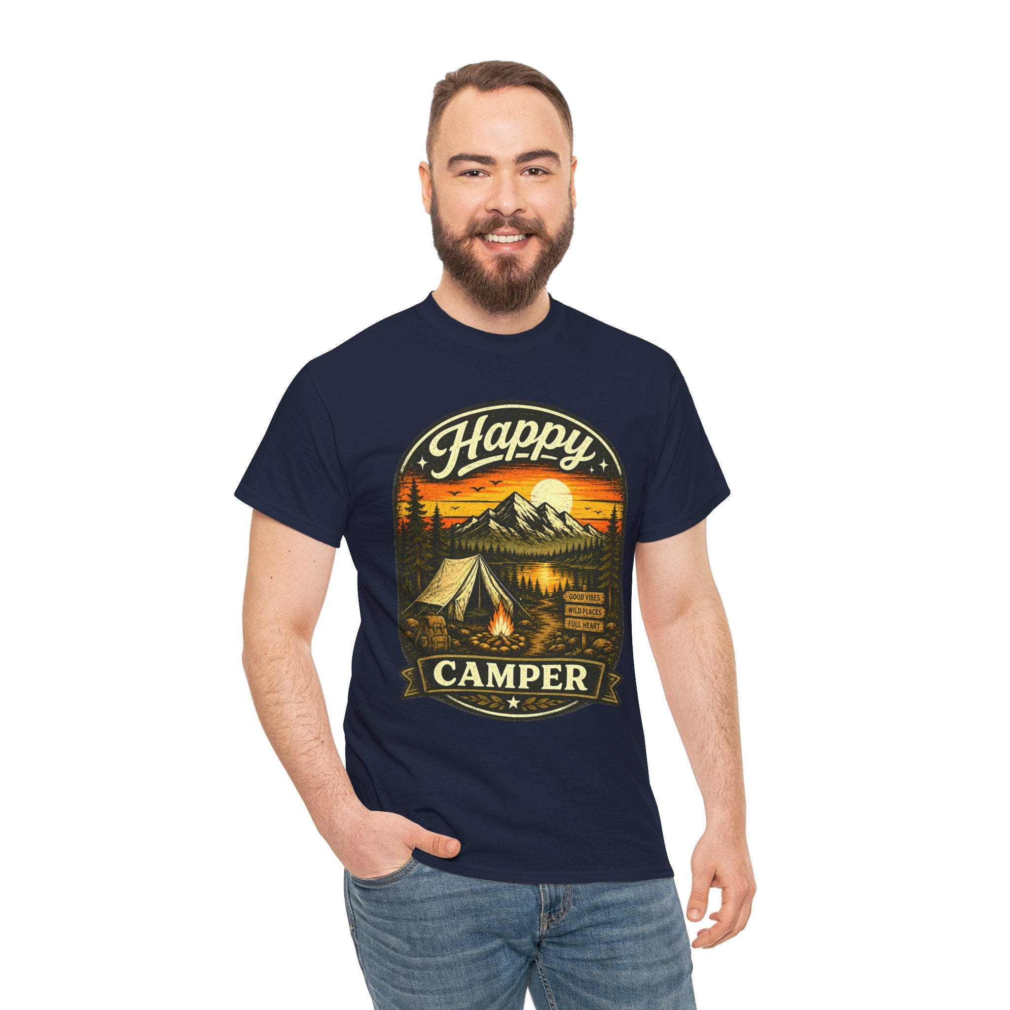 Happy Camper T Shirt – Vintage Camping Graphic Tee for Hikers & Outdoor Adventure Lovers