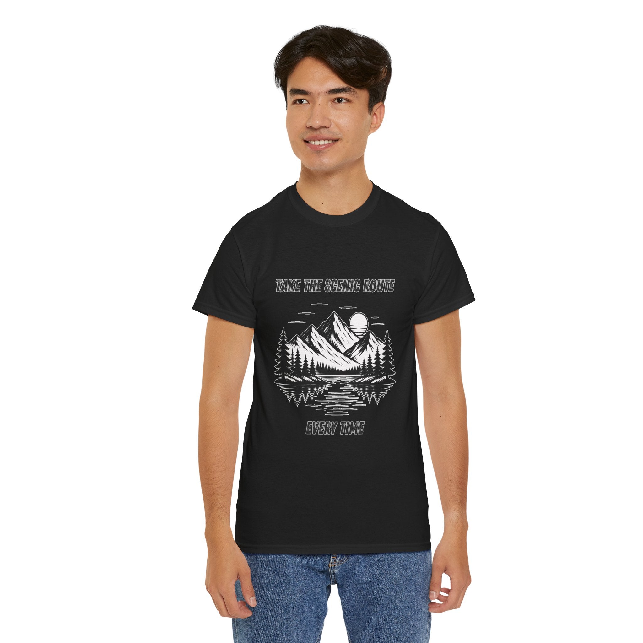 Take The Scenic Route Every Time T Shirt – Mountain Hiking Camping Adventure Graphic Tee
