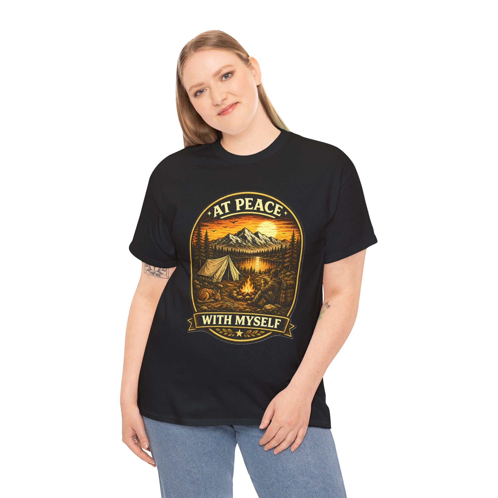 At Peace With Myself Camping T Shirt – Vintage Mountain Campfire Outdoor Graphic Tee