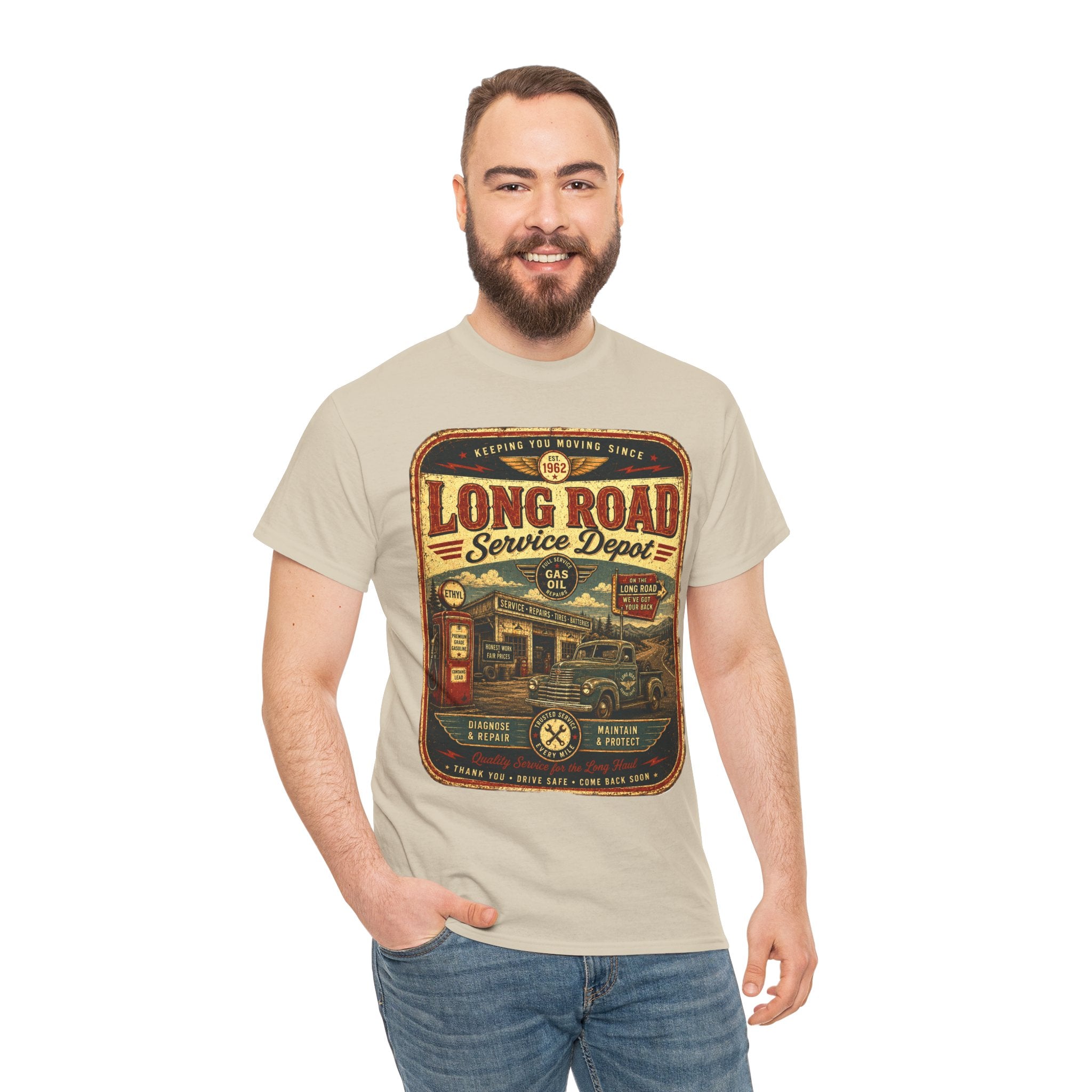 Long Road Service Depot Vintage Gas Station T Shirt – Retro Garage Graphic Tee for Car Lovers