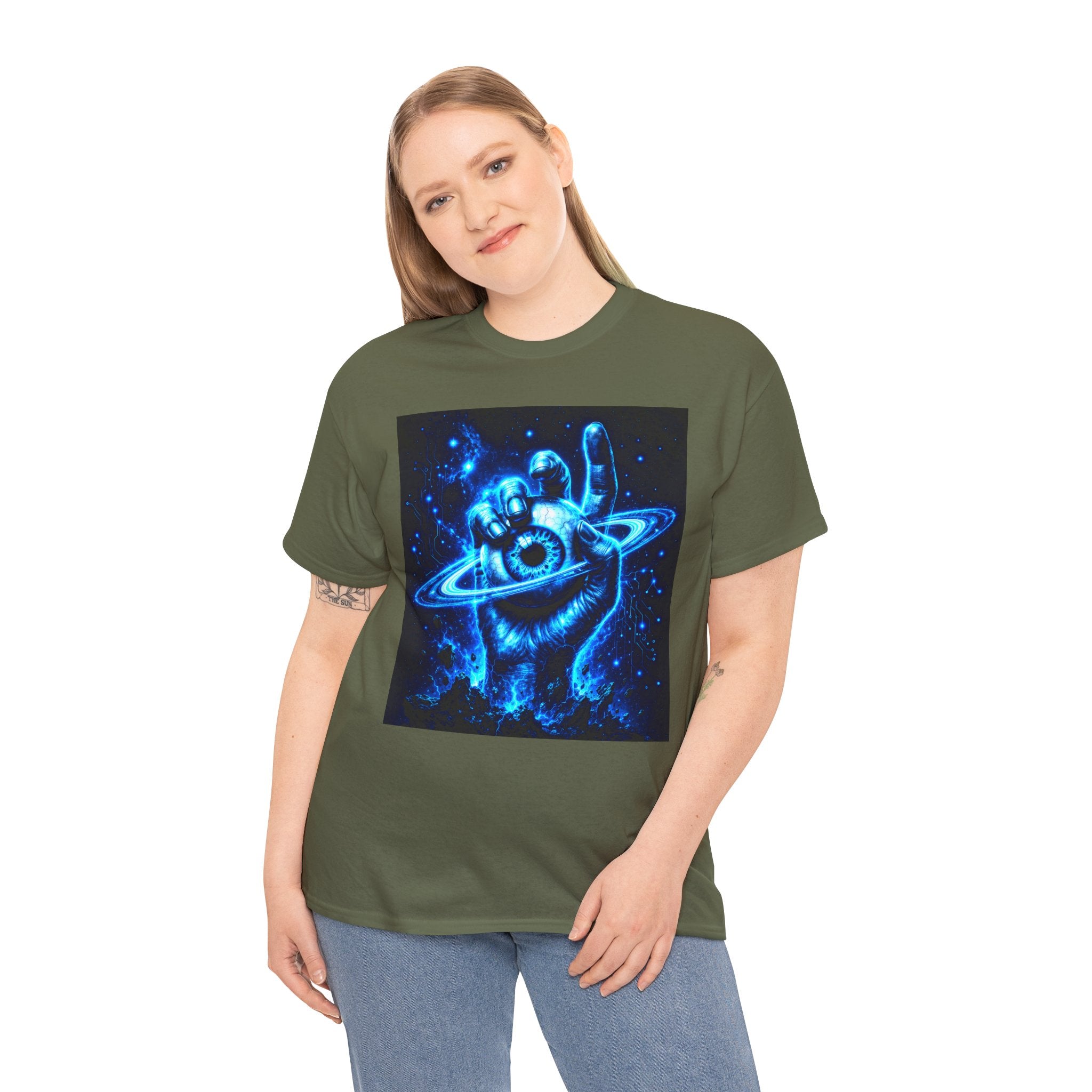Sci Fi Cosmic Hand Planet Eye T Shirt – Neon Blue Space Graphic Tee