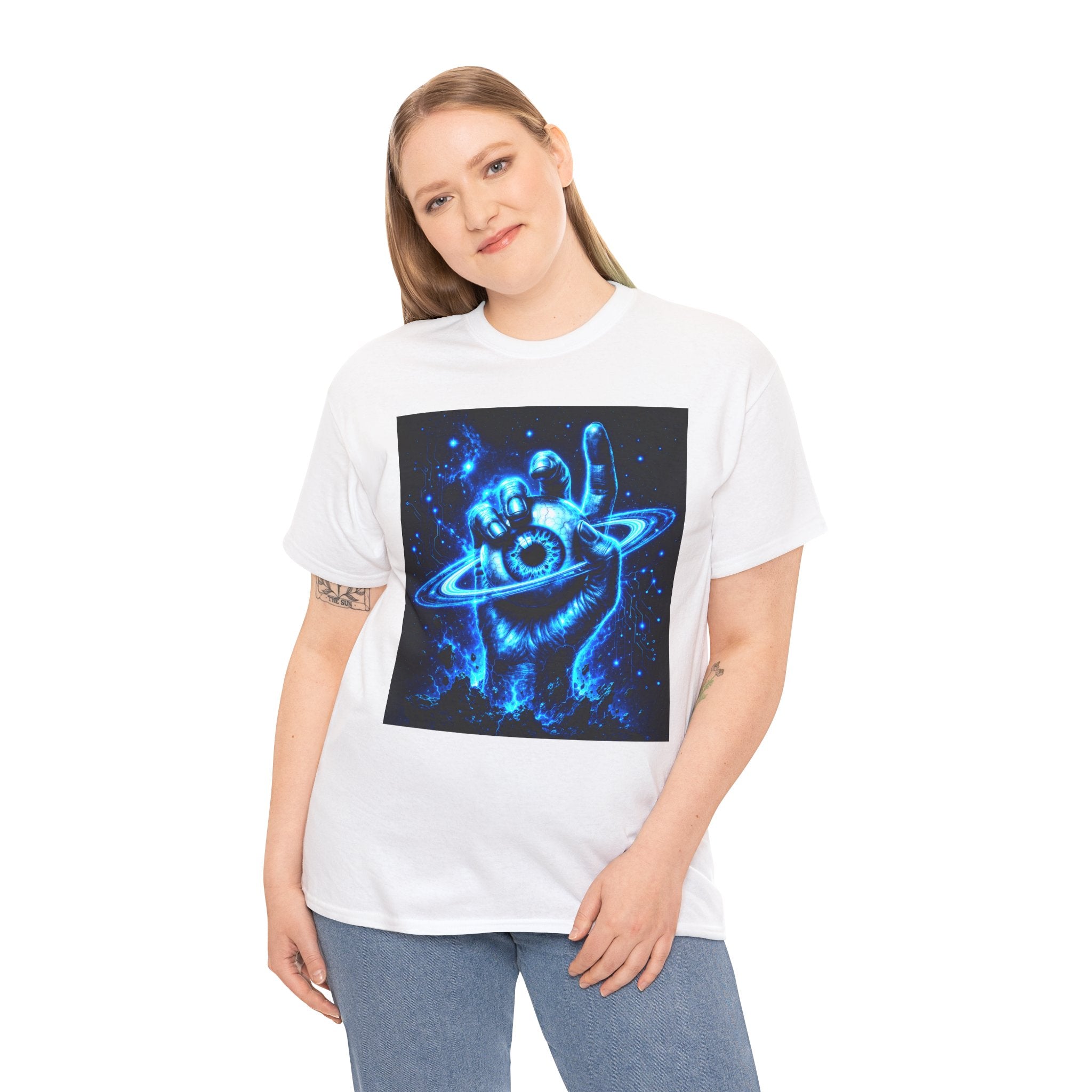 Sci Fi Cosmic Hand Planet Eye T Shirt – Neon Blue Space Graphic Tee
