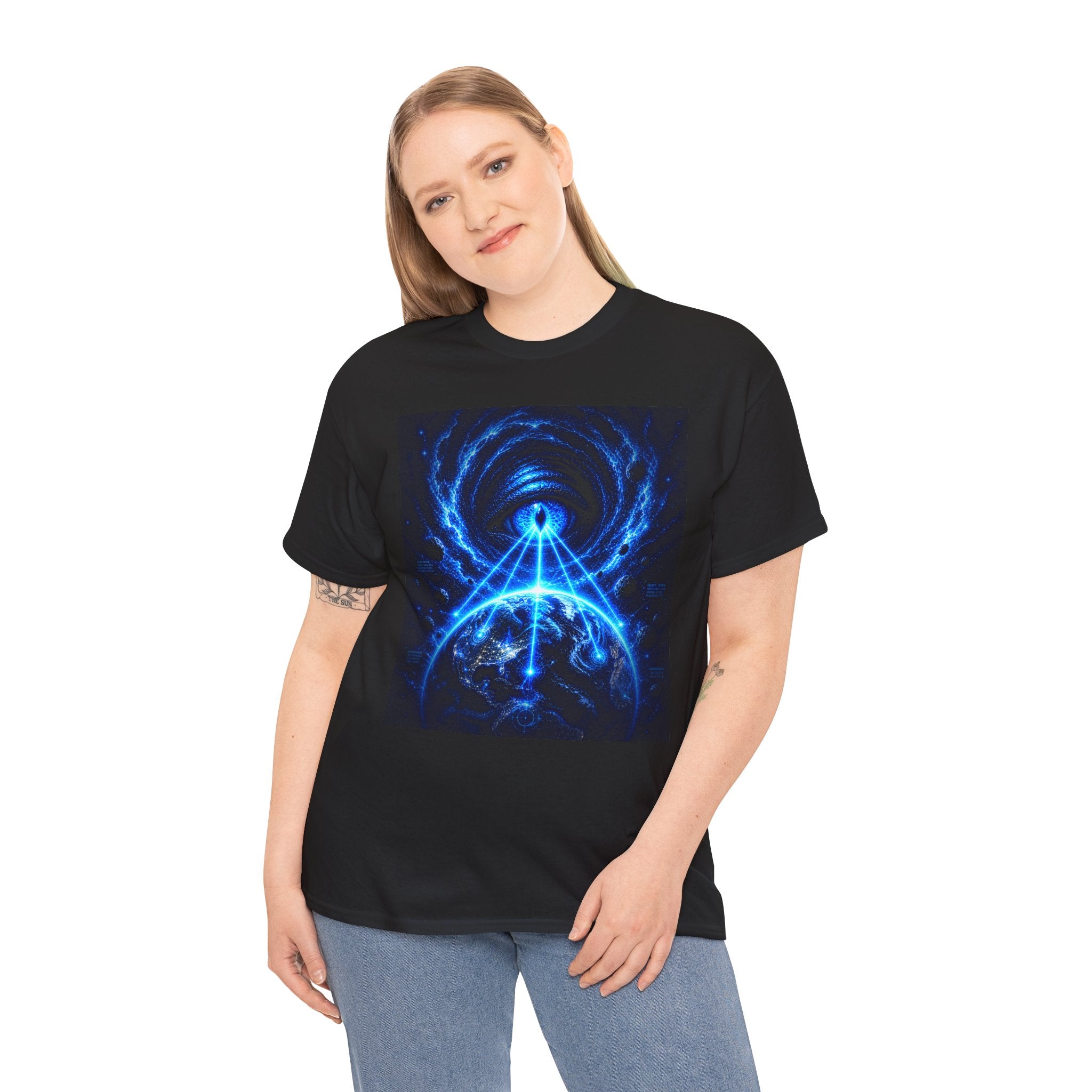 Sci Fi Cosmic Alien Scanning Eye T Shirt – Electric Blue Arcane Symbol Graphic Tee