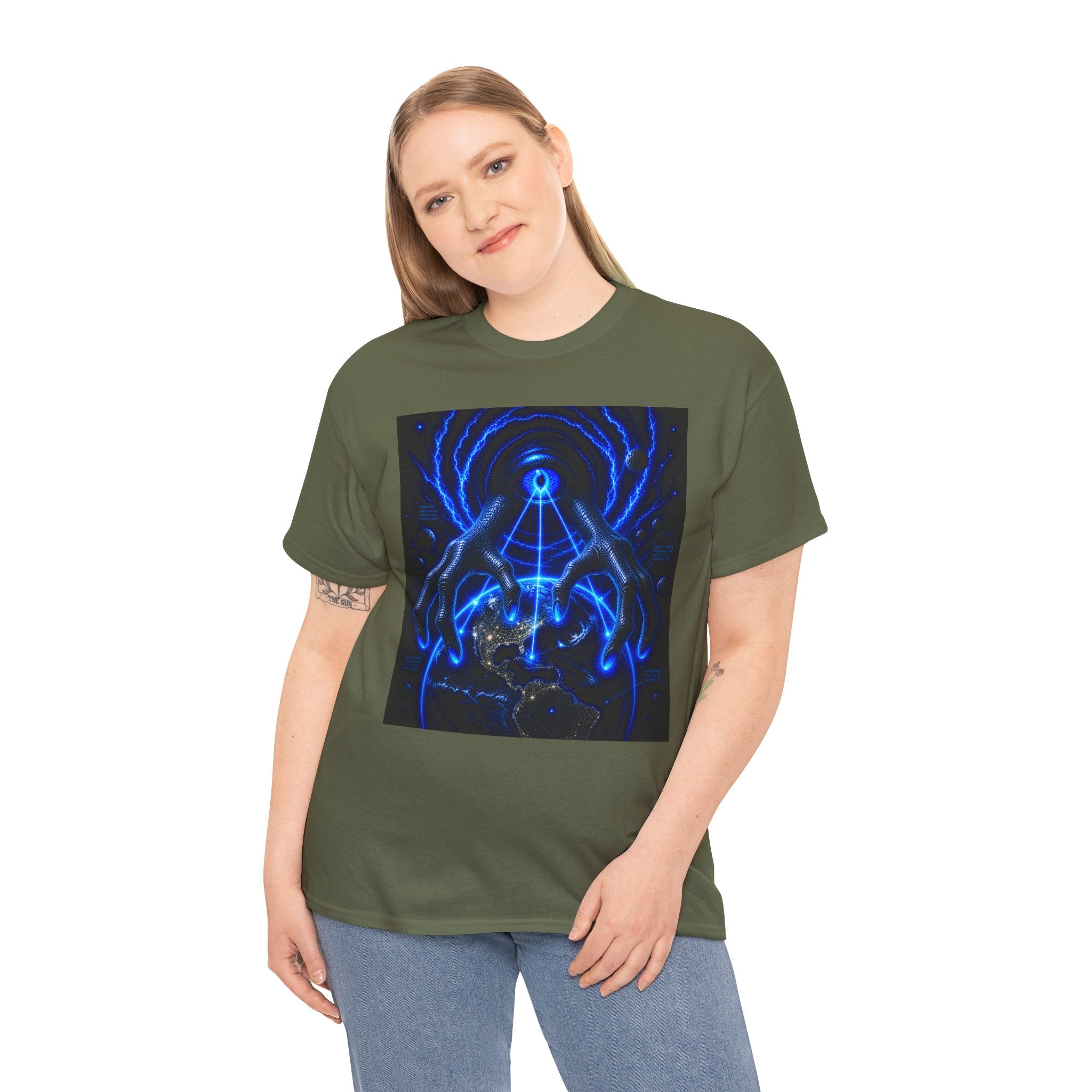 Sci Fi Cosmic Alien Grab T Shirt – Neon Blue Mystic Eye Graphic Tee