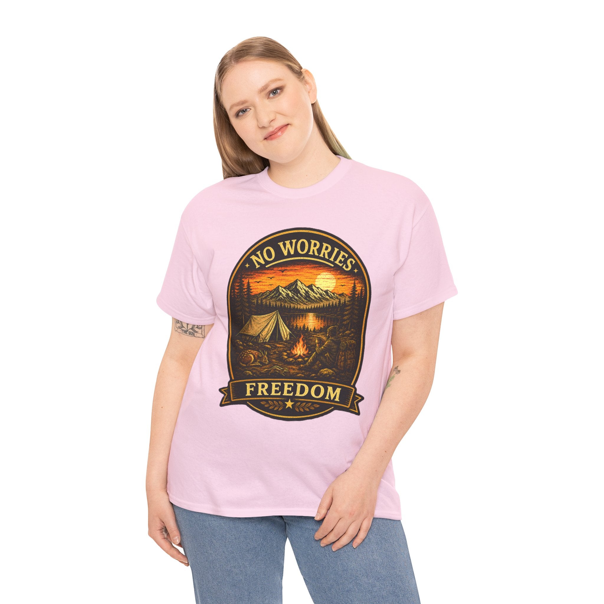 No Worries Freedom Camping T Shirt – Vintage Mountain Campfire Outdoor Graphic Tee
