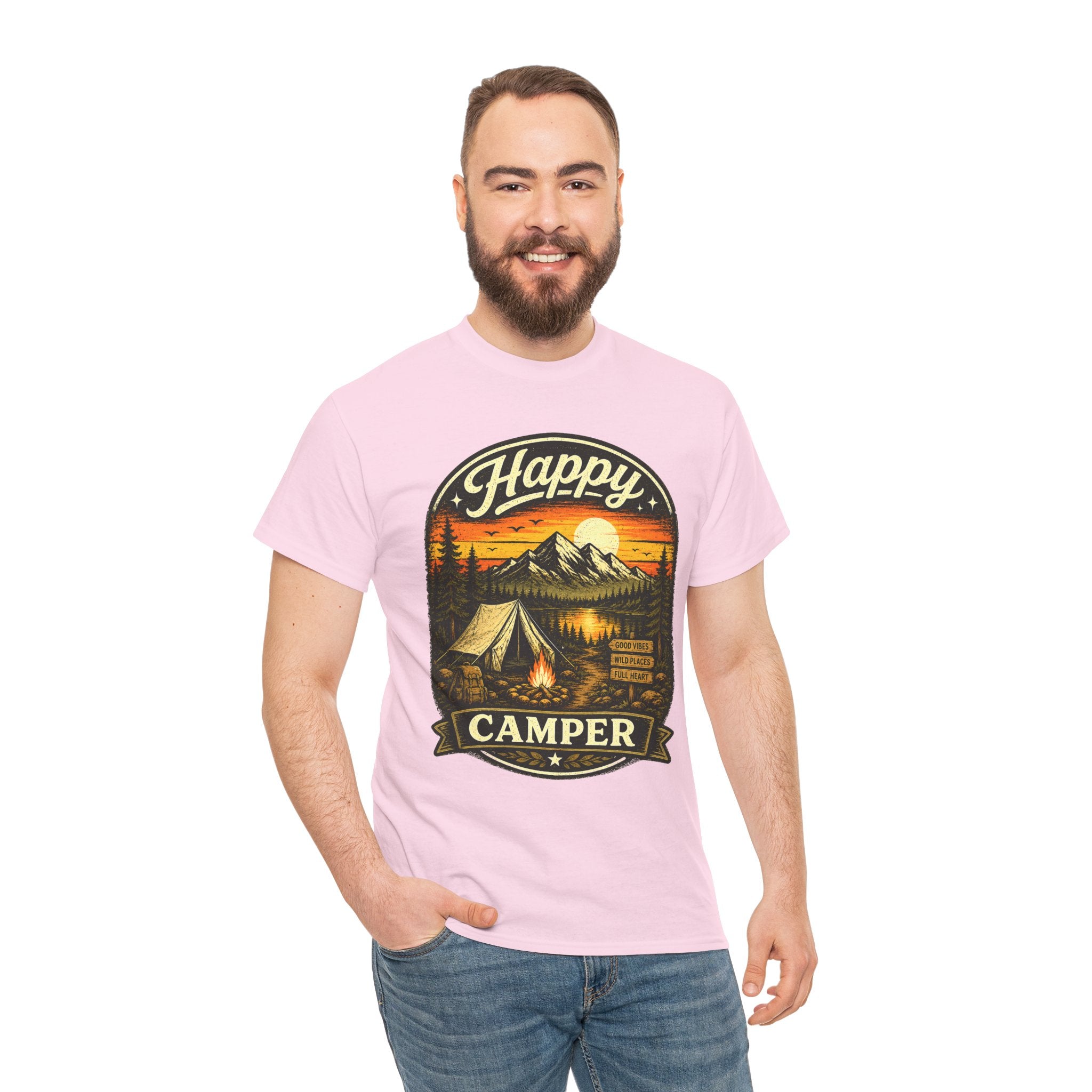 Happy Camper T Shirt – Vintage Camping Graphic Tee for Hikers & Outdoor Adventure Lovers