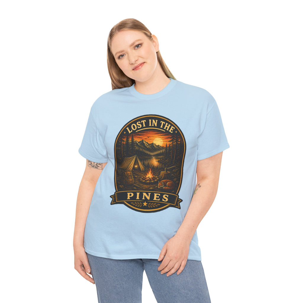 Lost in the Pines Camping T Shirt – Vintage Campfire Mountain Outdoor Graphic Tee