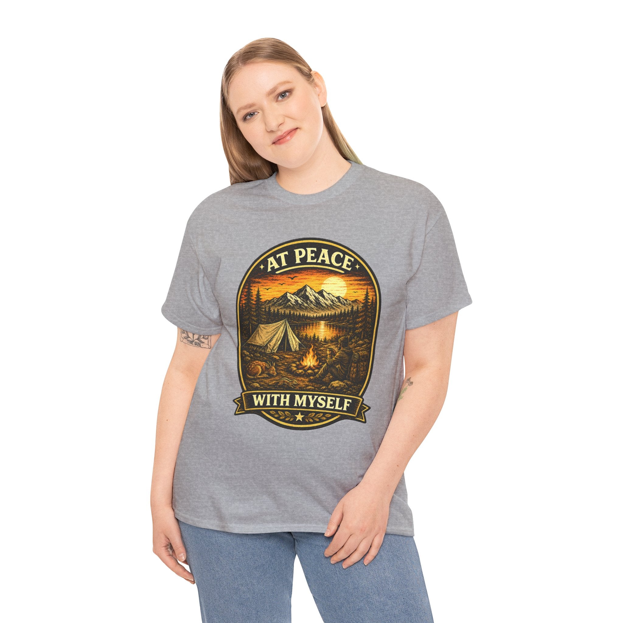 At Peace With Myself Camping T Shirt – Vintage Mountain Campfire Outdoor Graphic Tee