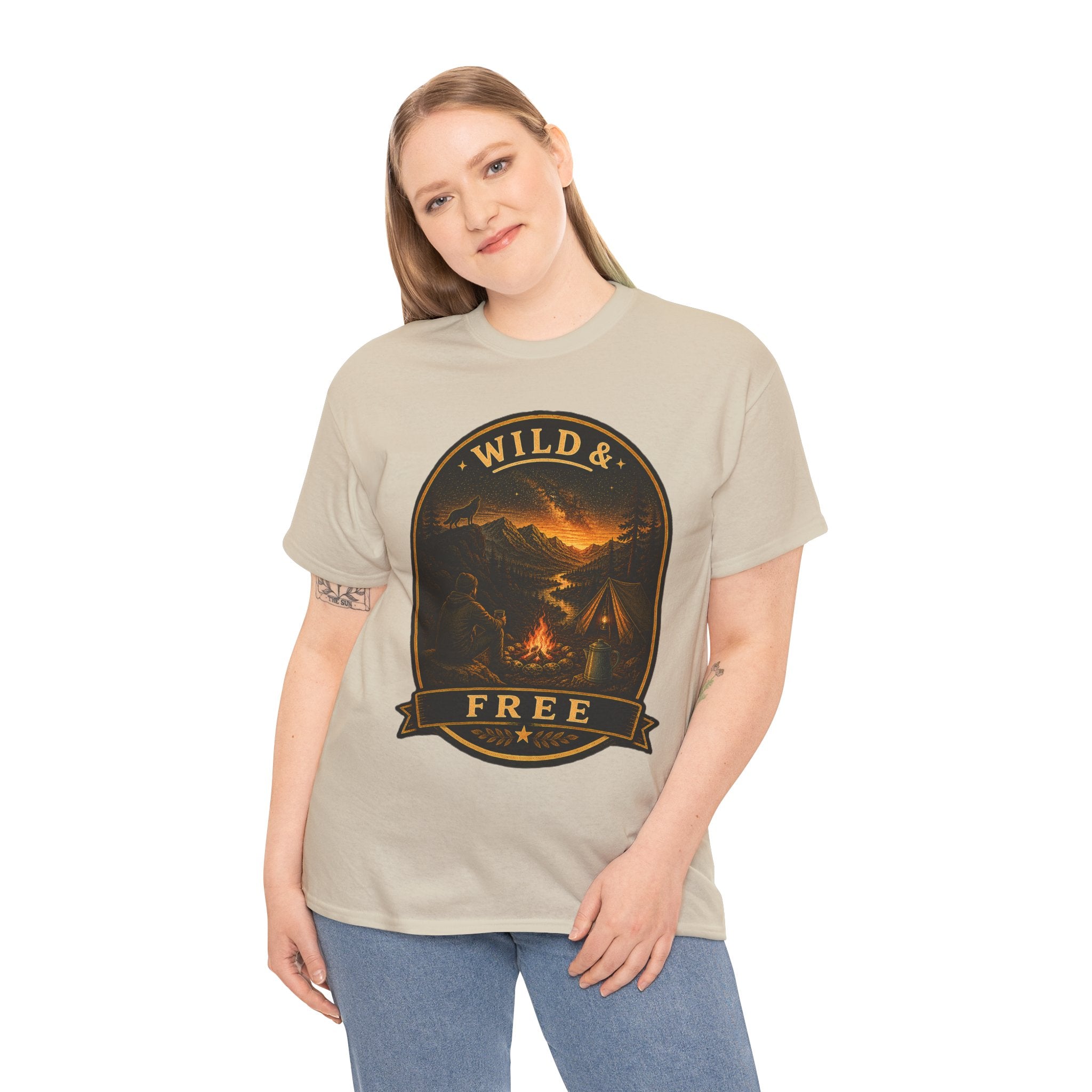 Wild & Free Camping T Shirt – Vintage Outdoor Adventure Graphic Tee with Campfire & Mountain Design