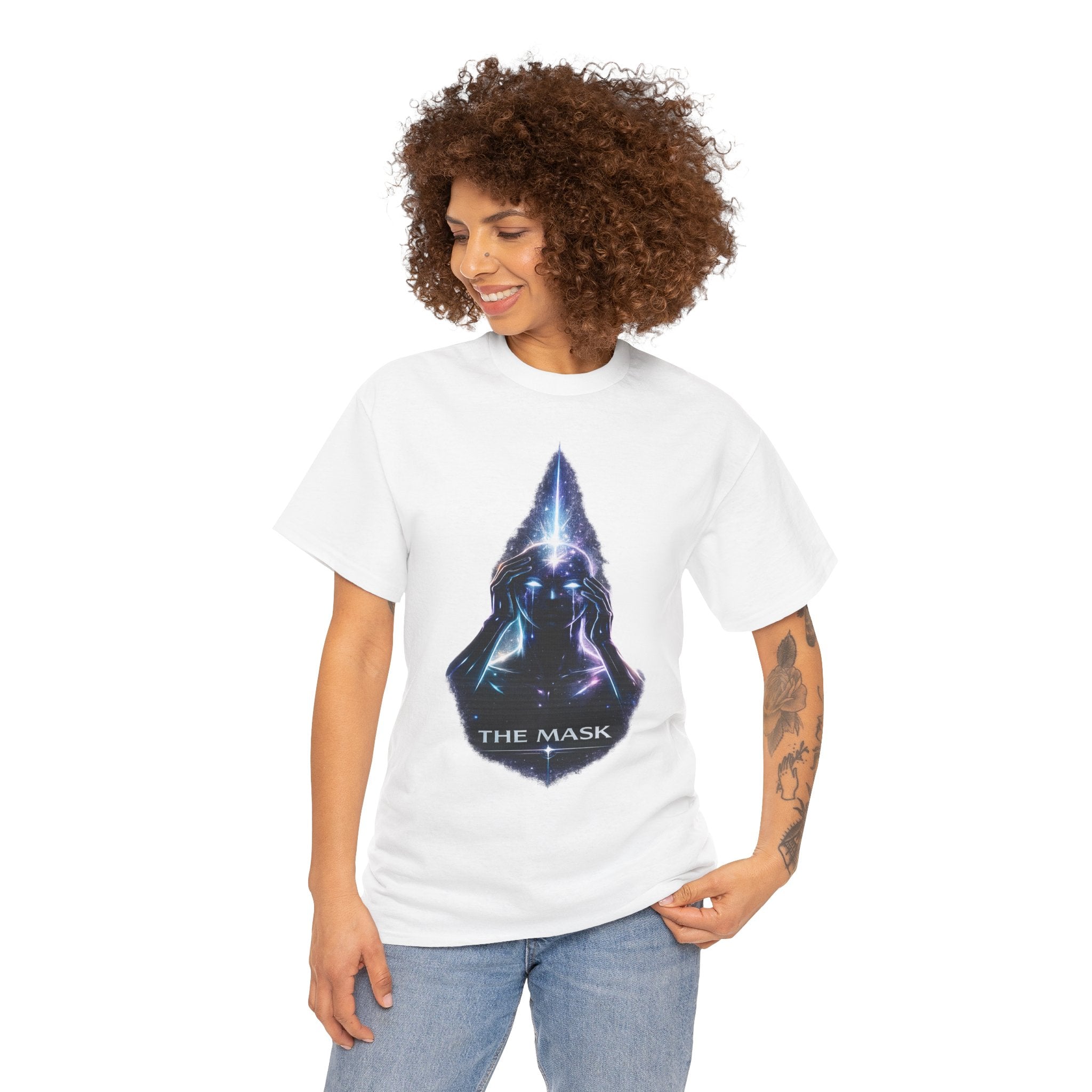 The Mask Cosmic Graphic T Shirt – Mystical Hooded Figure Spiritual Streetwear Tee