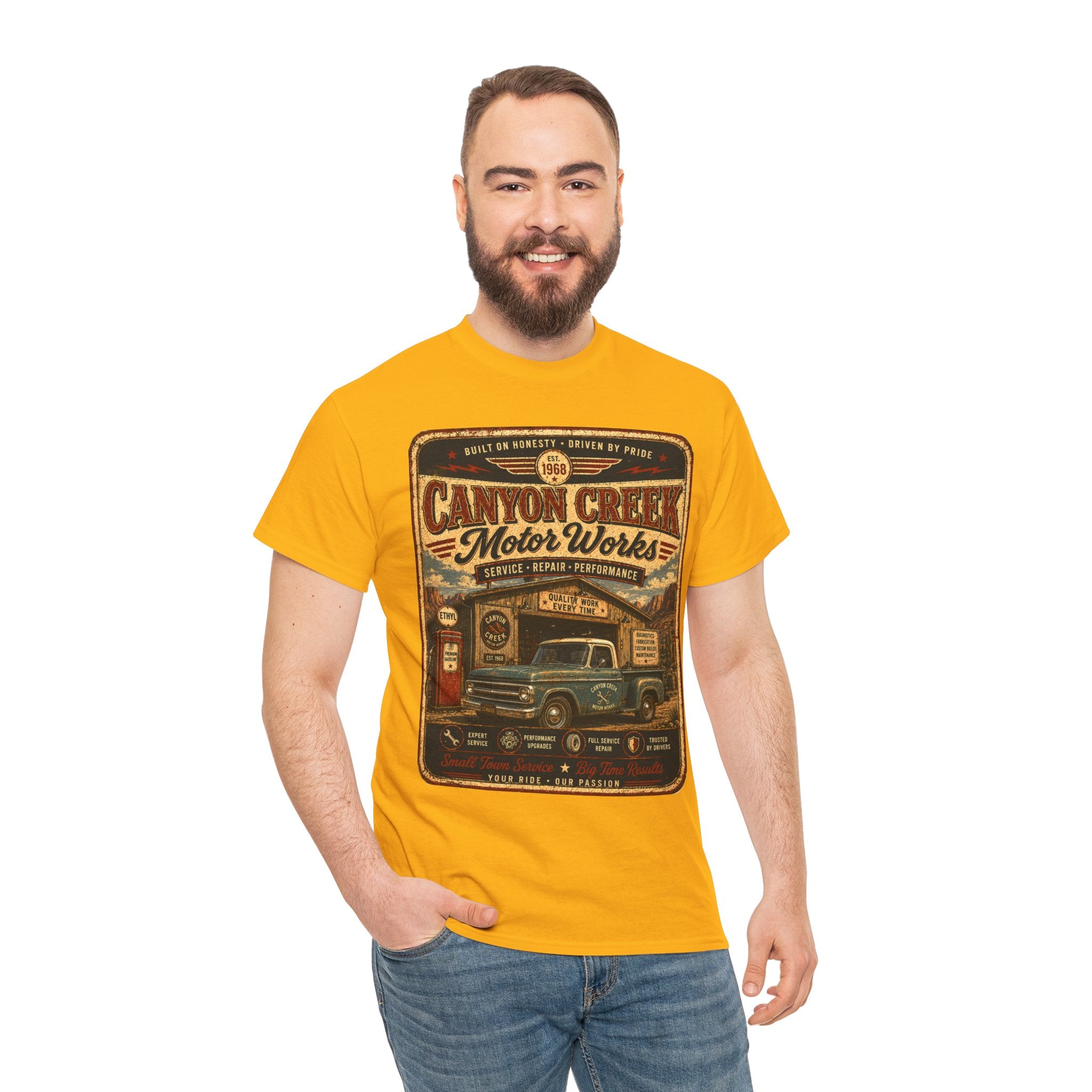 Canyon Creek Motor Works Vintage Mechanic T Shirt – Retro Pickup Truck Graphic Tee