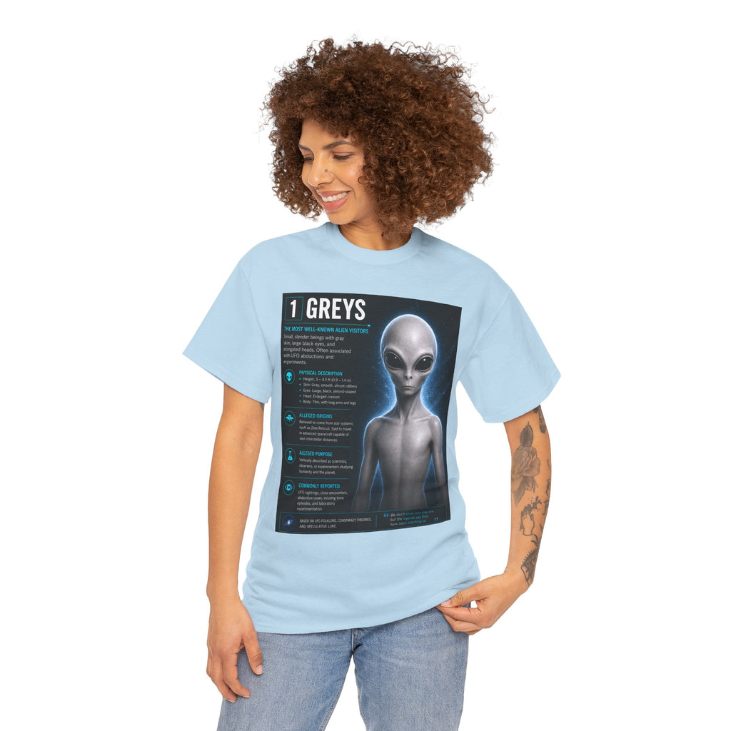 Grey Alien Species Guide T-Shirt – Vintage UFO Conspiracy Graphic Tee | Ancient Aliens Shirt