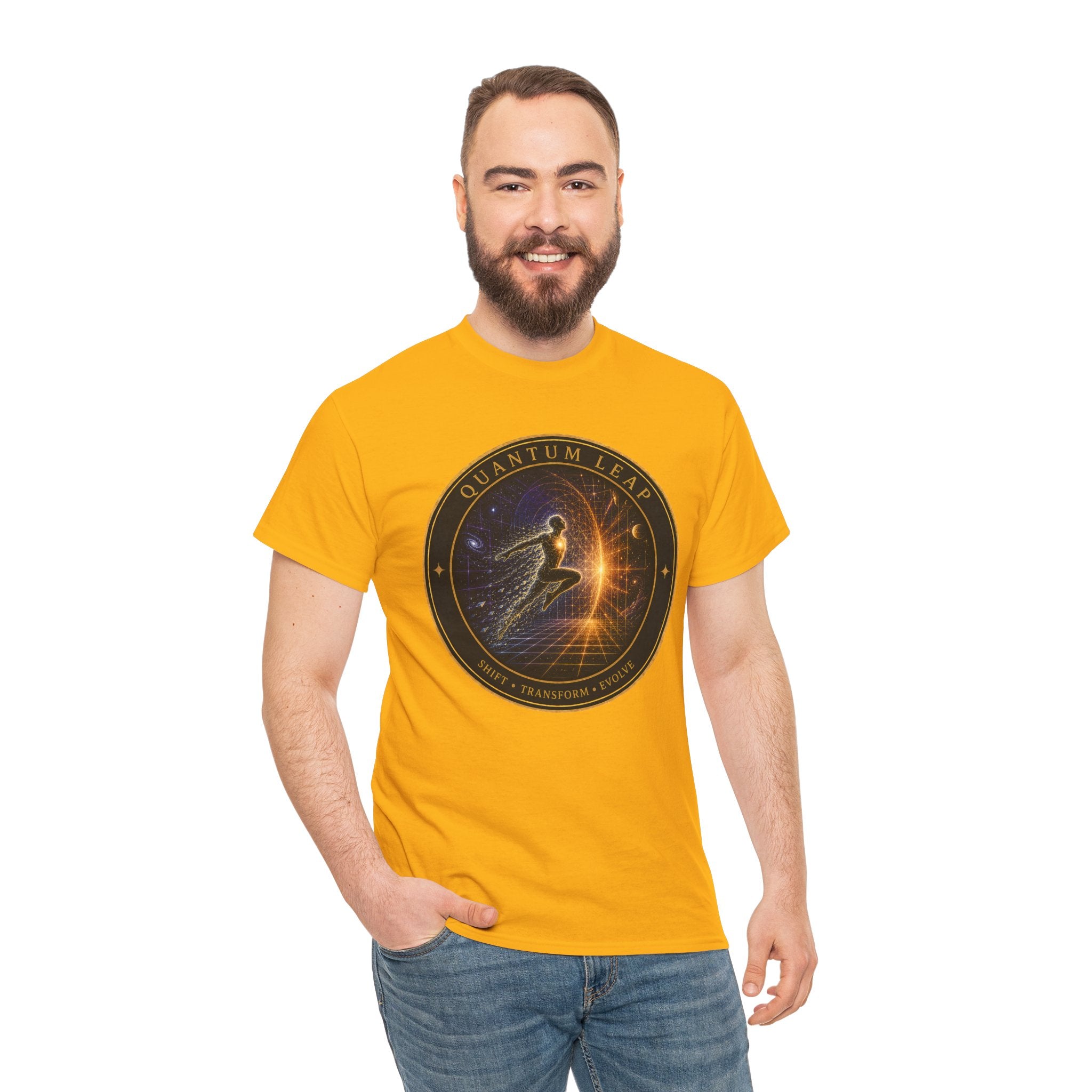 Quantum Leap Badge T-Shirt – Cosmic Transformation Graphic Tee