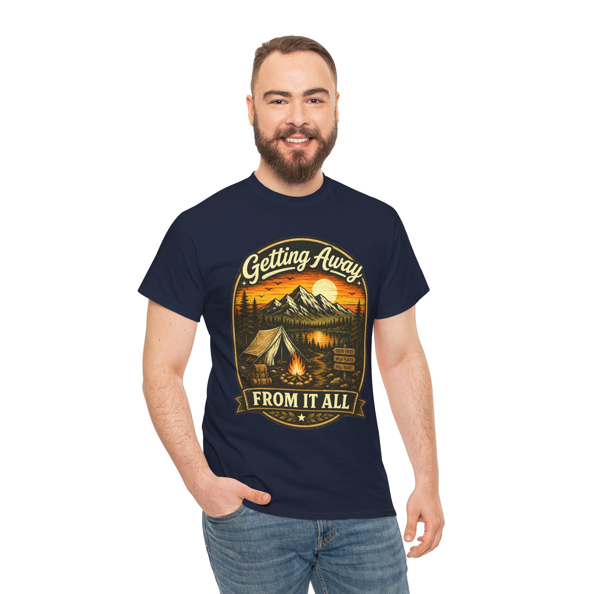 Getting Away From It All Camping T Shirt – Vintage Mountain Campfire Graphic Tee for Outdoor Lovers