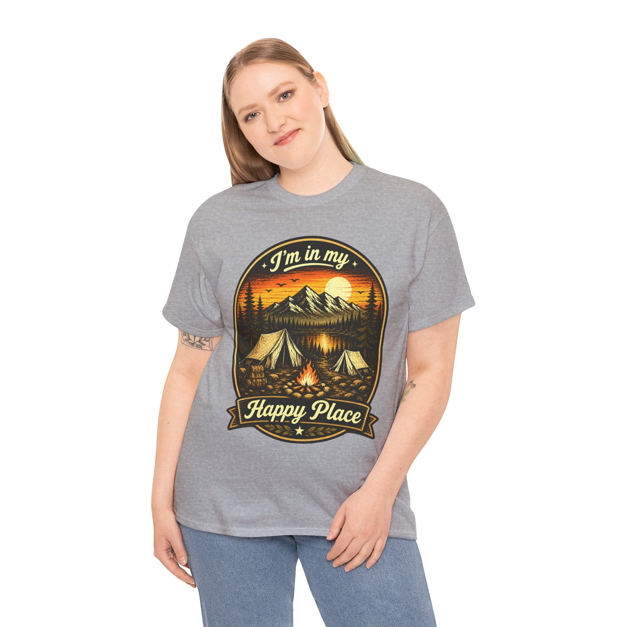 I’m In My Happy Place Camping T Shirt – Vintage Campfire Graphic Tee for Hikers & Outdoor Lovers
