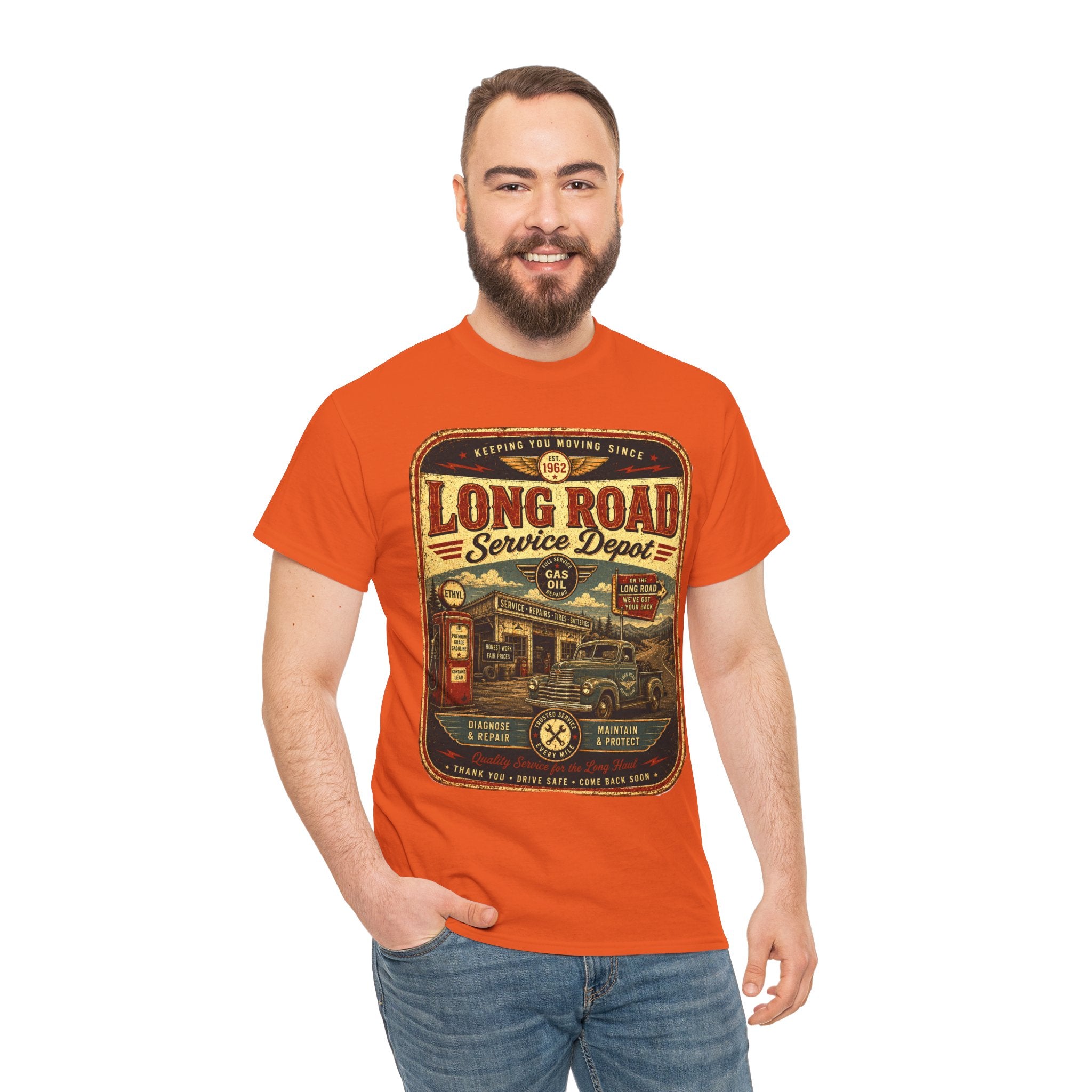 Long Road Service Depot Vintage Gas Station T Shirt – Retro Garage Graphic Tee for Car Lovers