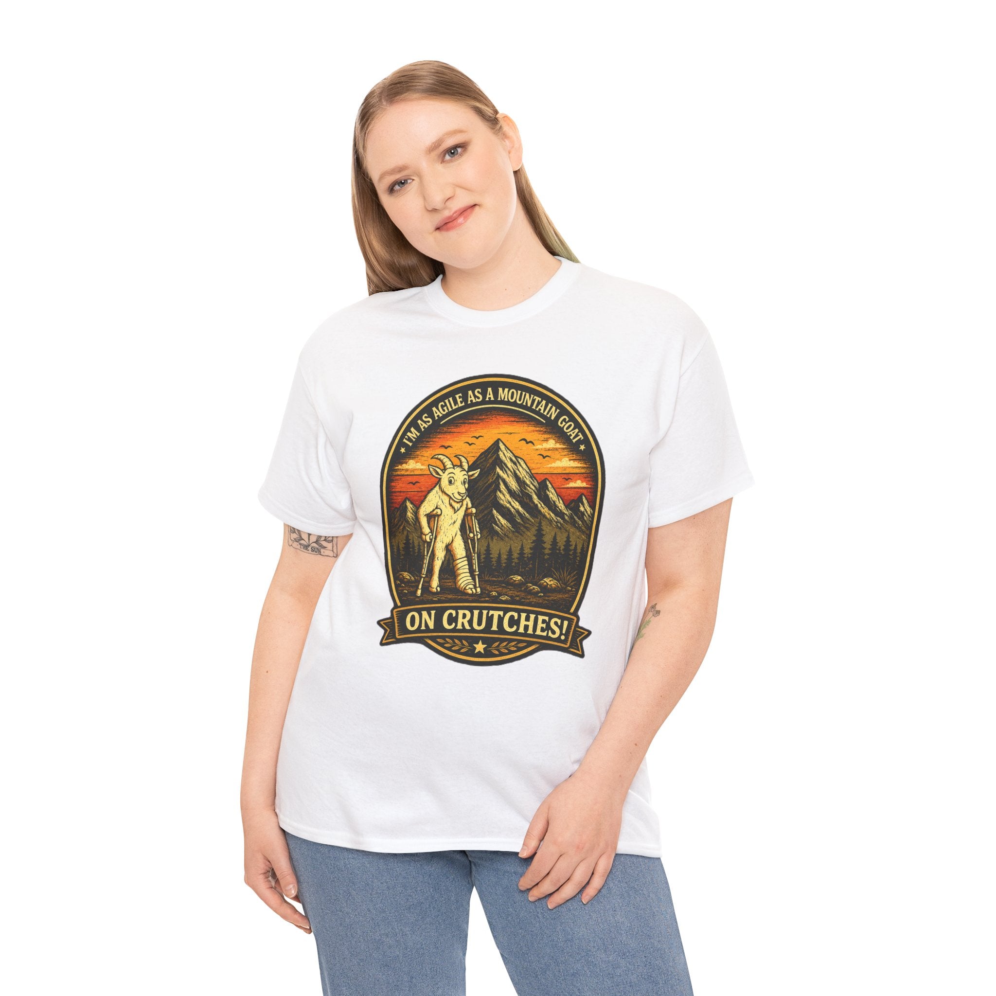 Funny Mountain Goat On Crutches Retro T Shirt – Hiking Recovery Graphic Tee for Campers & Outdoor Lovers