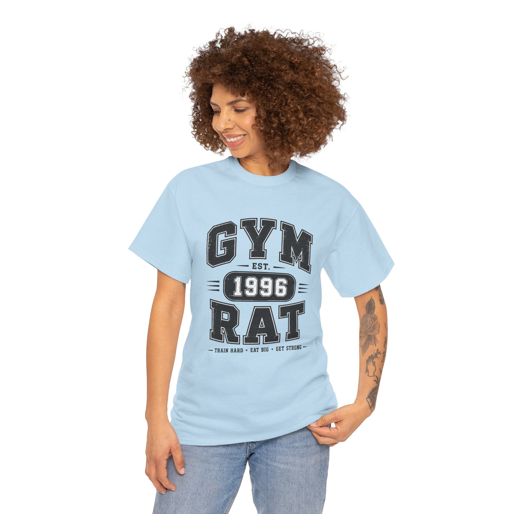 Gym Rat Est. 1996 T-Shirt Light – Vintage Collegiate Gym Graphic Tee | Train Hard Eat Big Get Strong