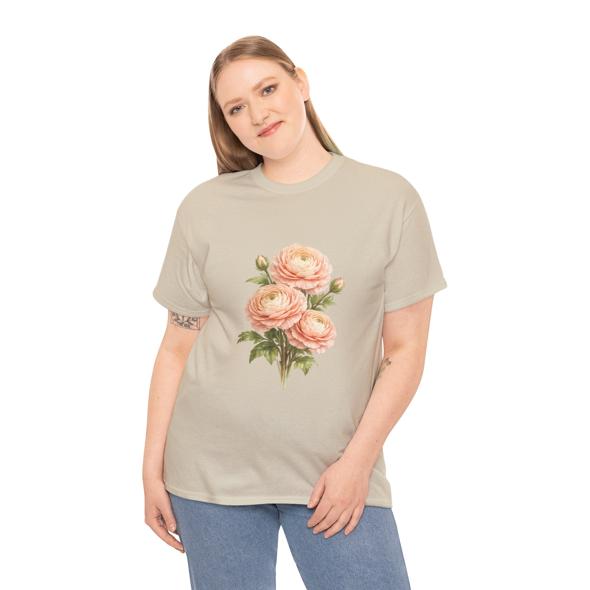 Ranunculus Flower T-Shirt – Vintage Peach Floral Graphic Tee for Botanical & Cottagecore Style
