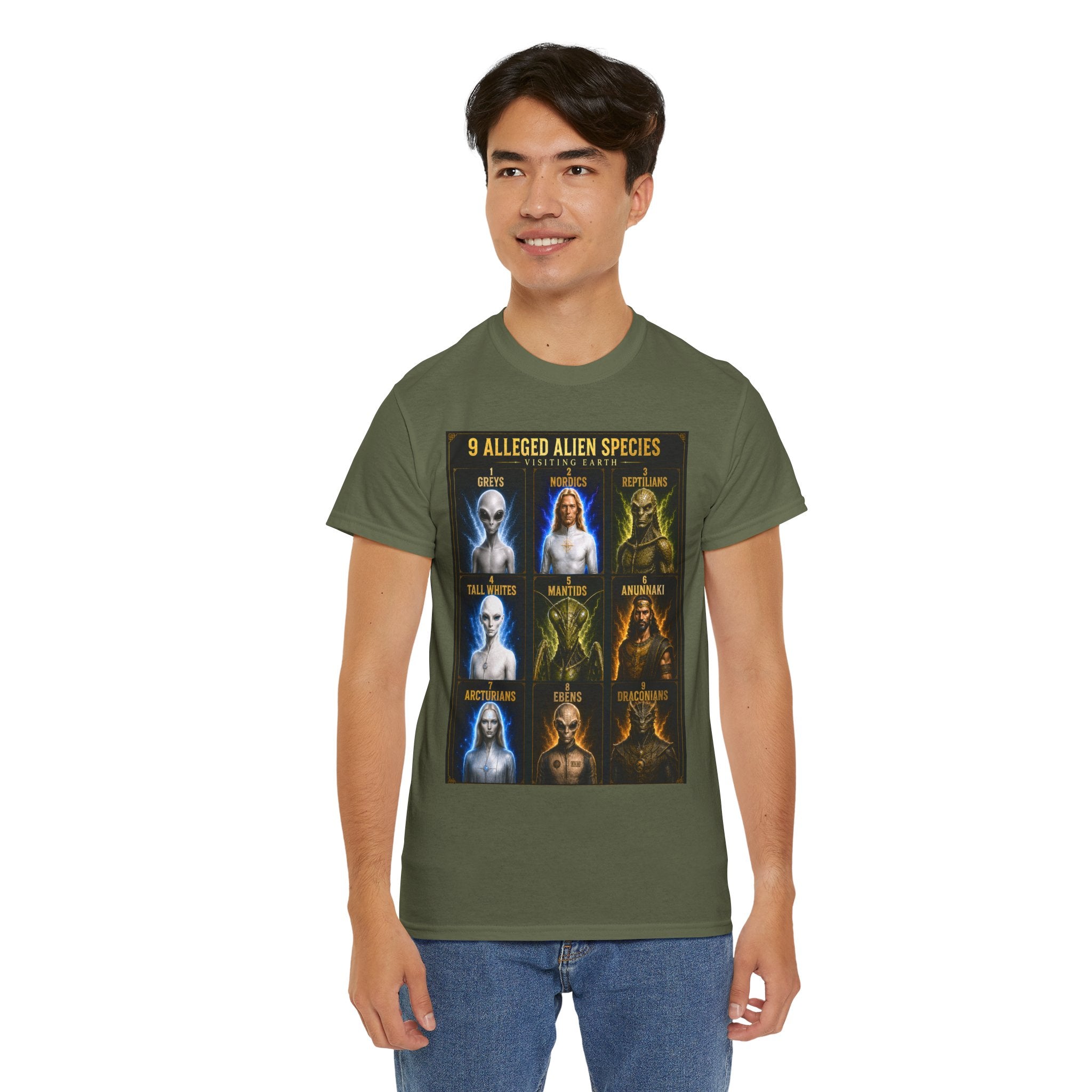 9 Alleged Alien Species T-Shirt – Ancient Aliens Sci-Fi Graphic Tee for UFO Fans