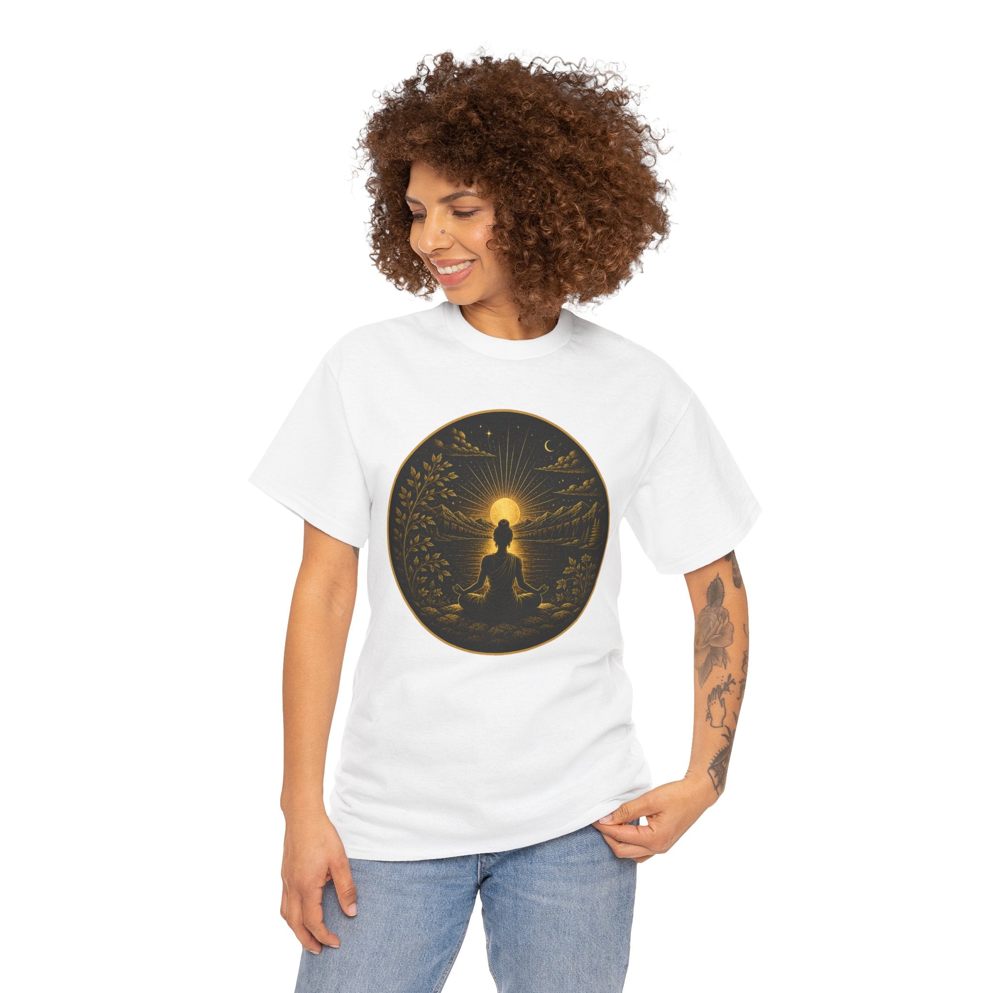 Inner Peace Outer Balance Meditation Illustration T-Shirt – Silhouette Sunrise Graphic Tee