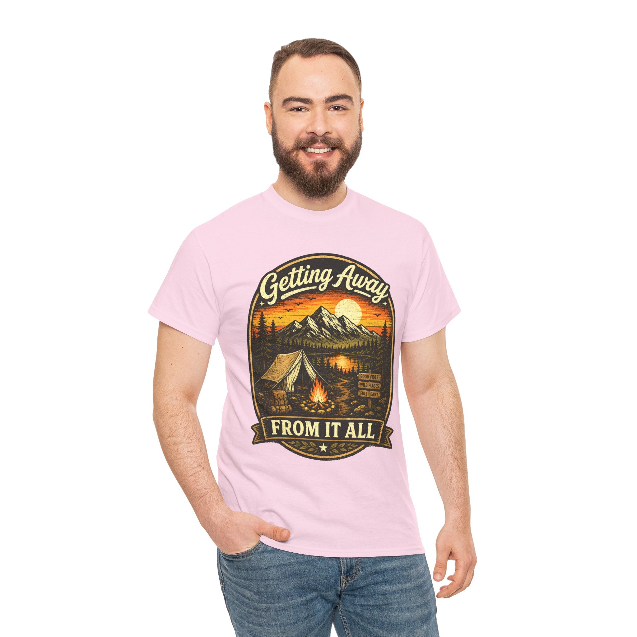 Getting Away From It All Camping T Shirt – Vintage Mountain Campfire Graphic Tee for Outdoor Lovers