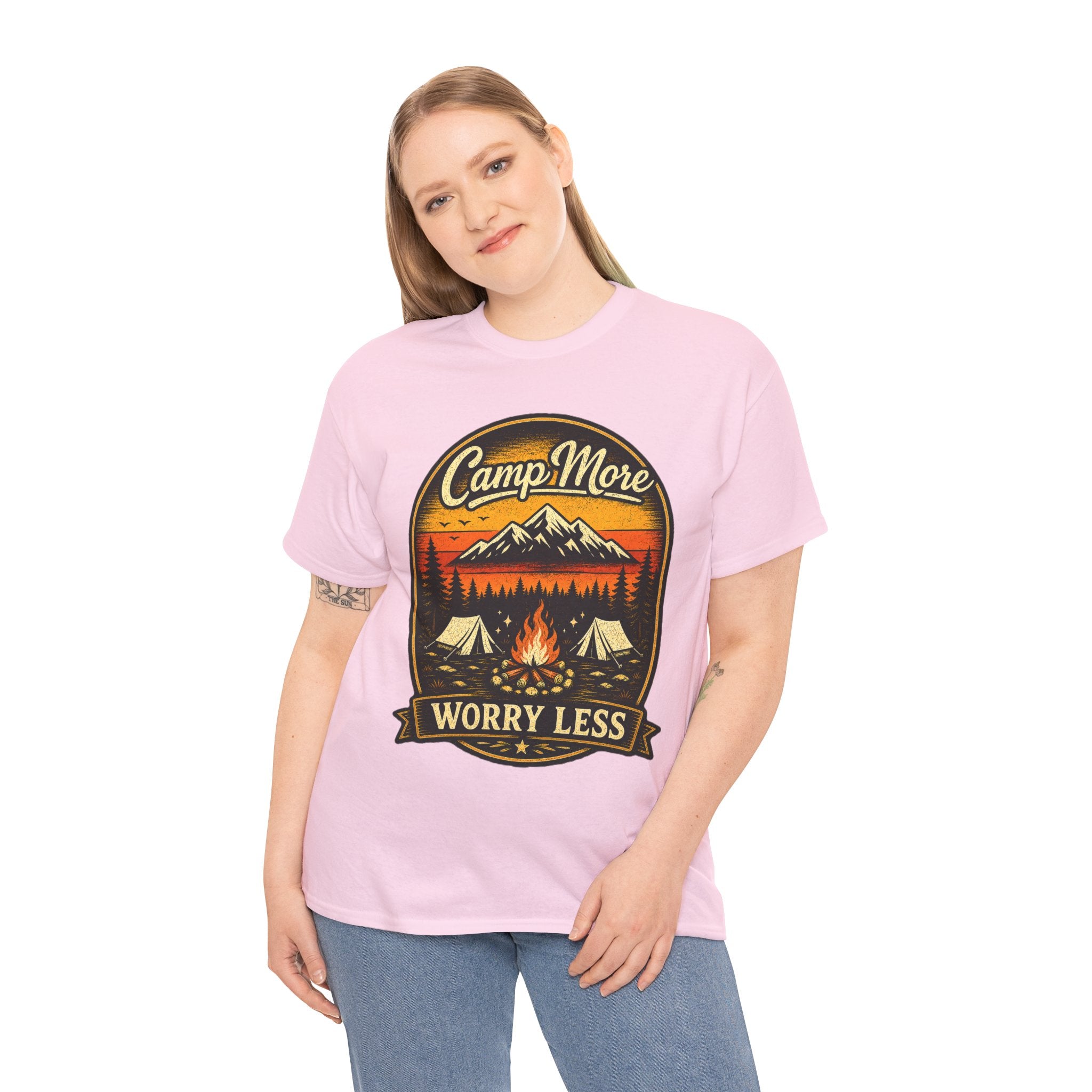 Camp More Worry Less T Shirt – Vintage Camping Graphic Tee for Hikers & Outdoor Lovers