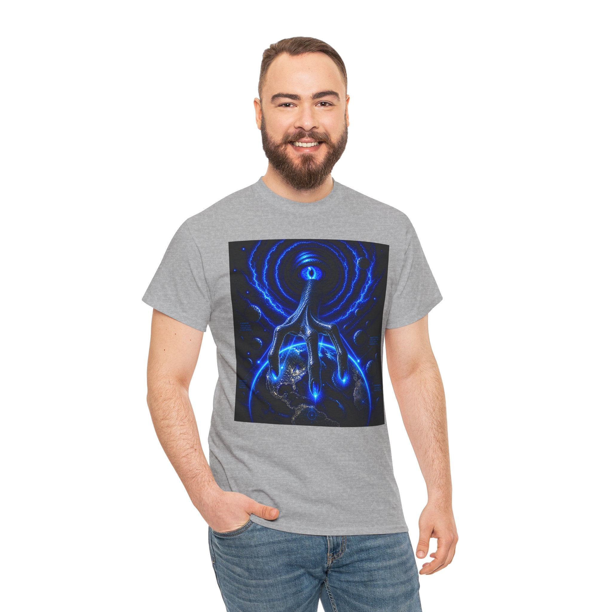 Sci Fi Cosmic Alien Hand T Shirt – Neon Blue Vision Graphic Tee