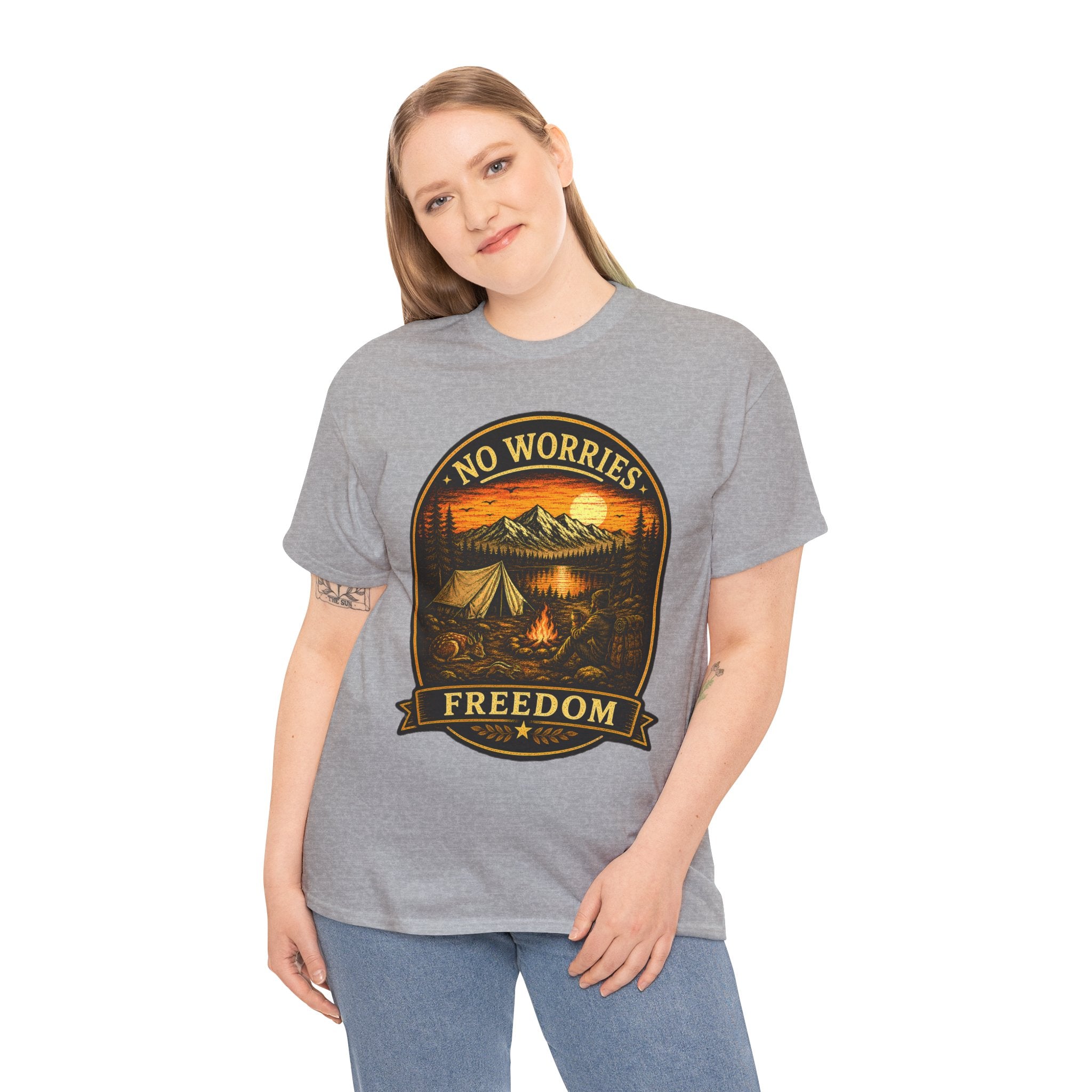 No Worries Freedom Camping T Shirt – Vintage Mountain Campfire Outdoor Graphic Tee