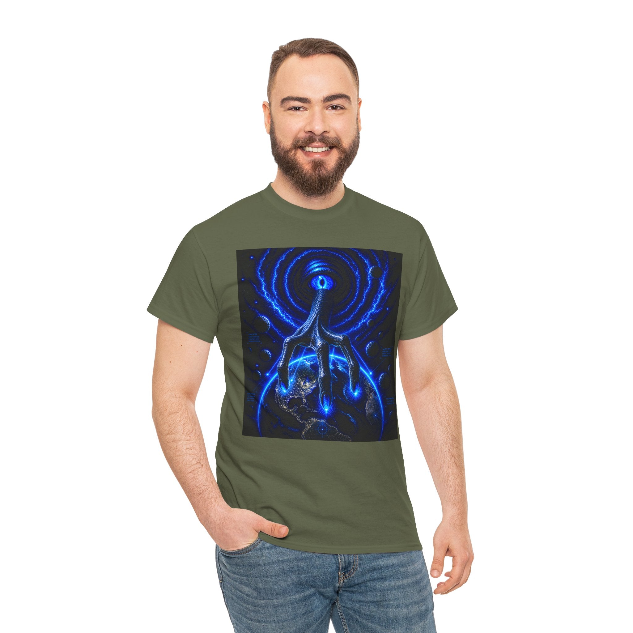 Sci Fi Cosmic Alien Hand T Shirt – Neon Blue Vision Graphic Tee